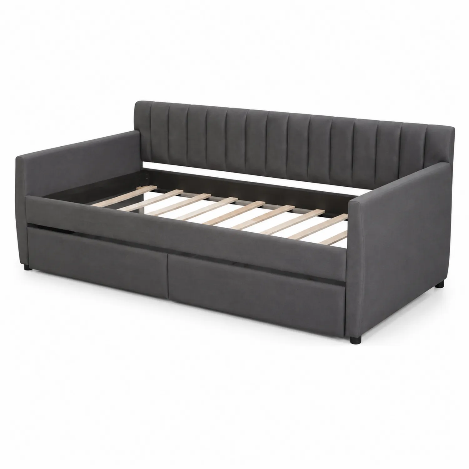 Canapé-lit en bois et tissu avec tiroirs Gris