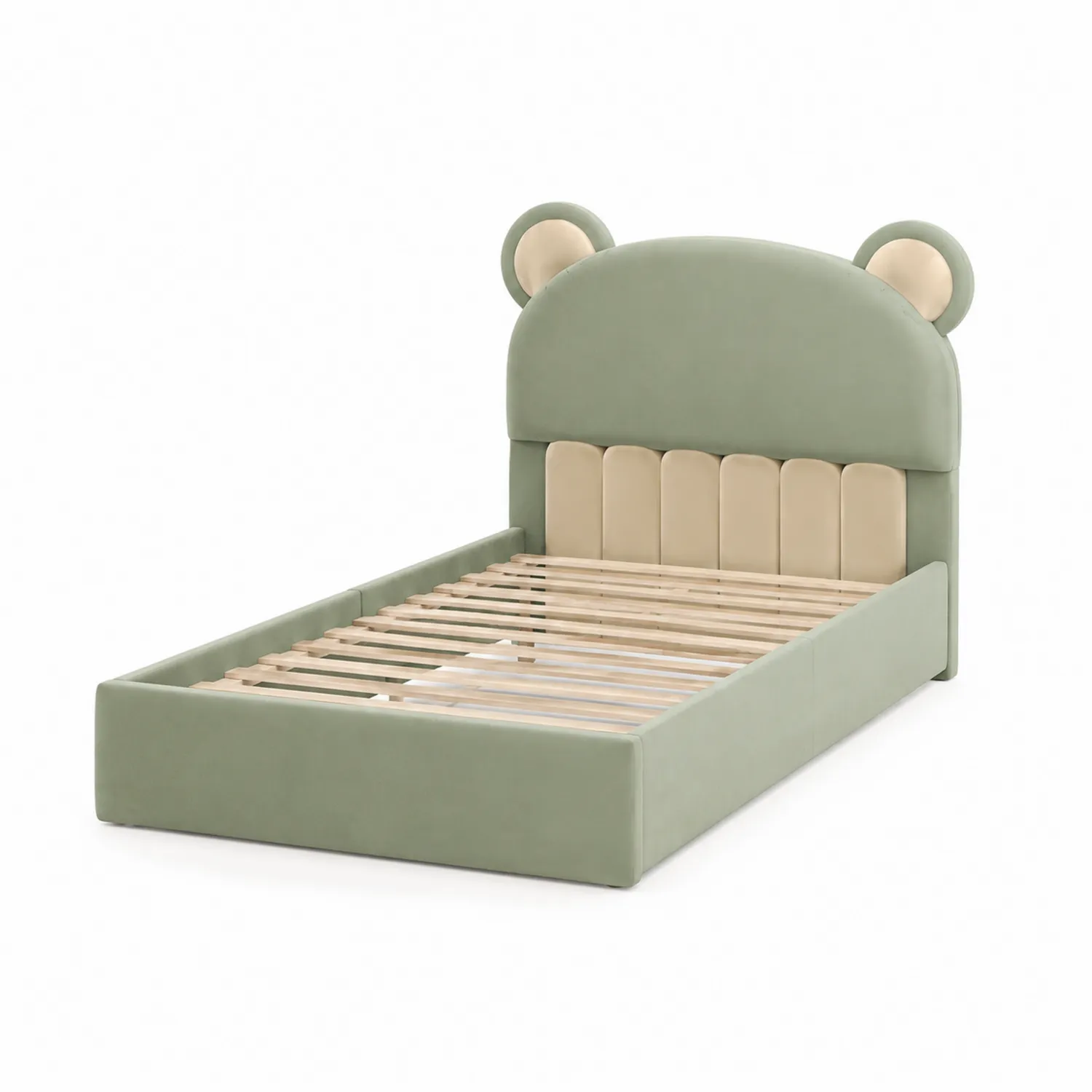 Lit enfant en bois et velours Vert et Beige 200x100 cm