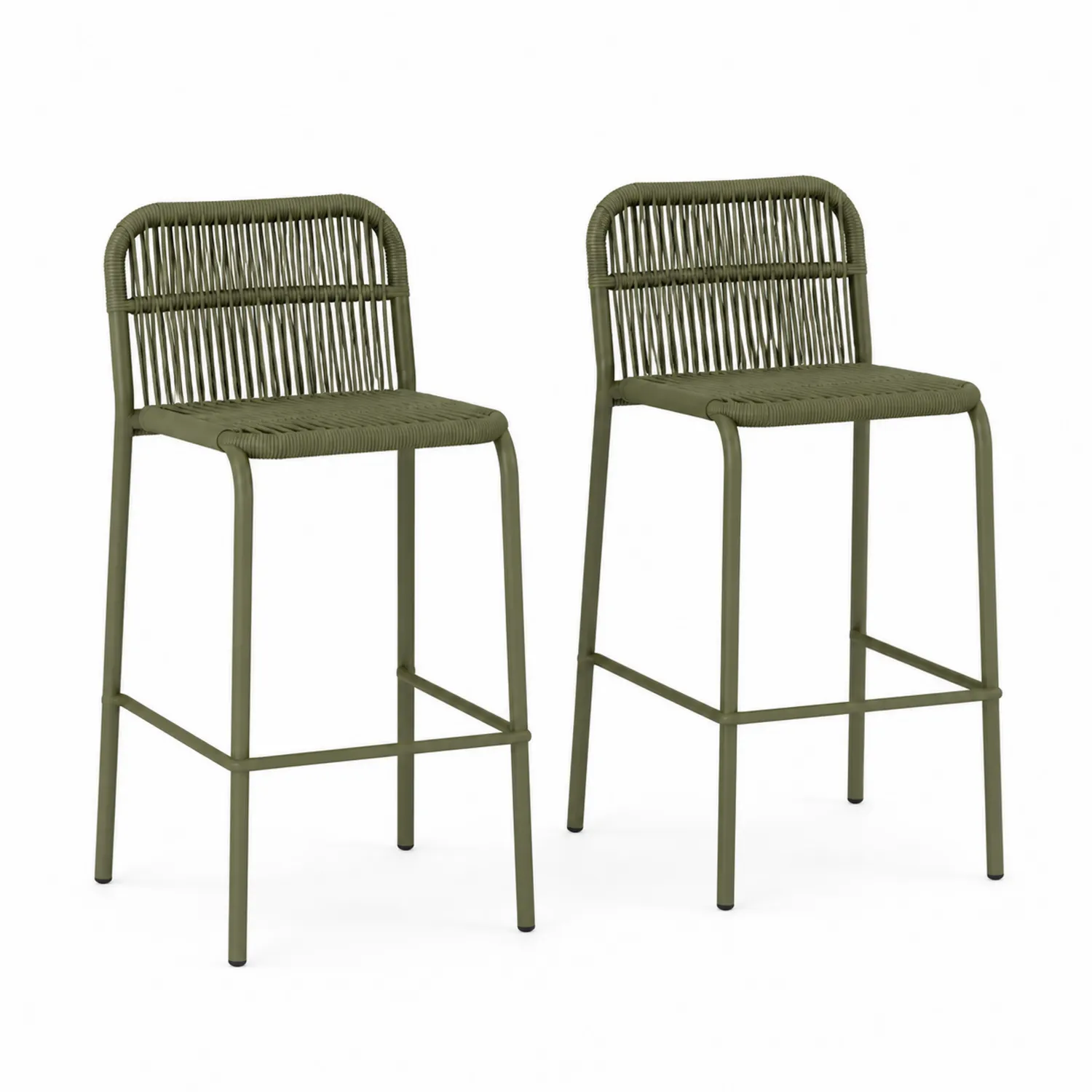 Lot de 2 tabourets de bar en métal et corde, couleur Vert Olive
