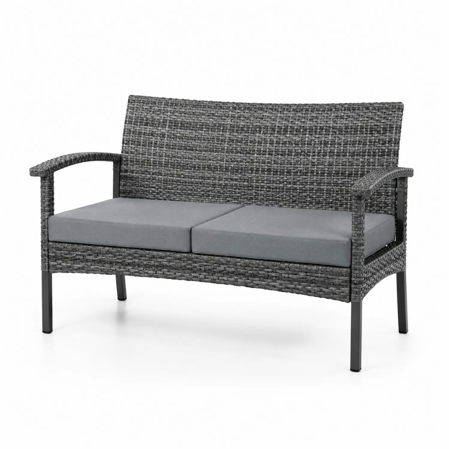 Canapé en Résine Tressée avec Coussins Gris et Structure en Métal, 120 cm