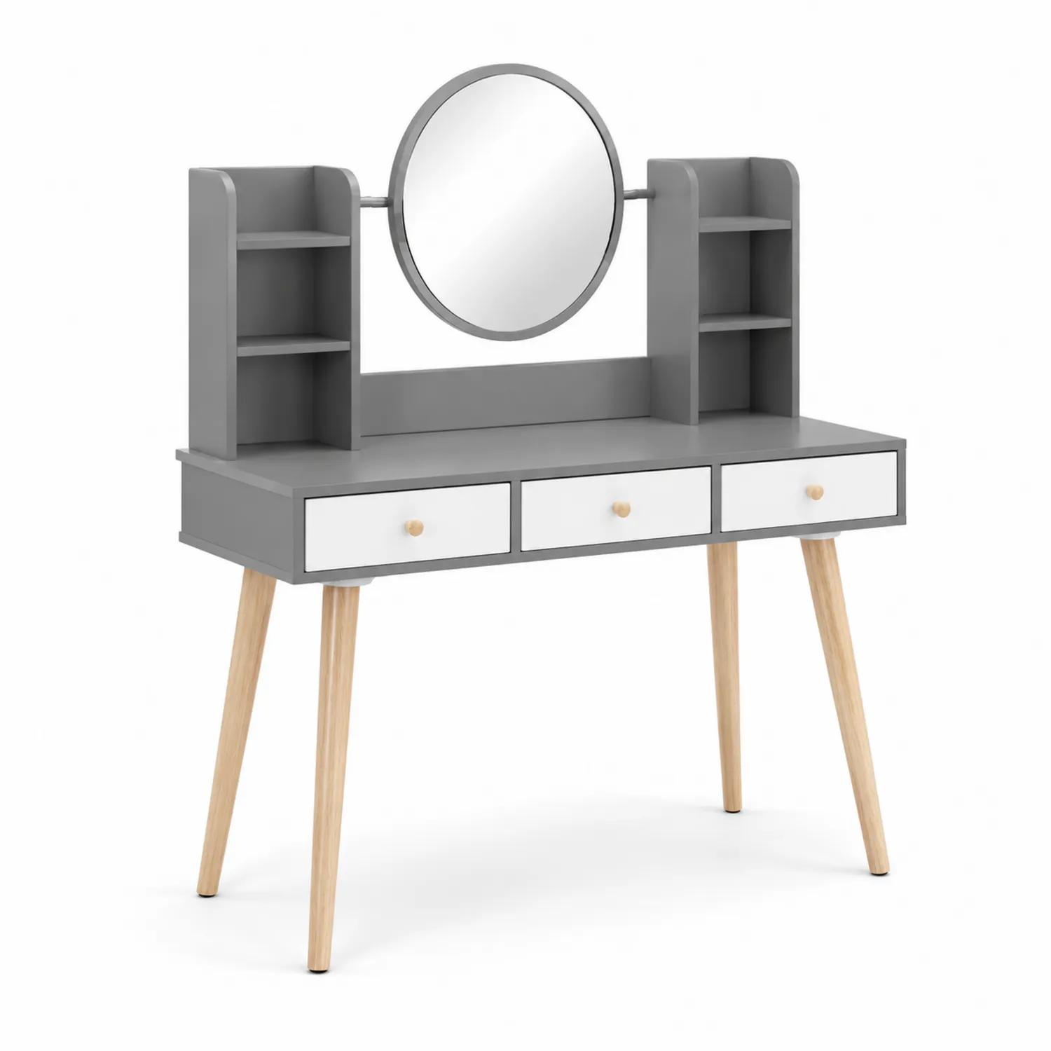 Coiffeuse avec Miroir Rond et Étagères en Bois Gris/Blanc