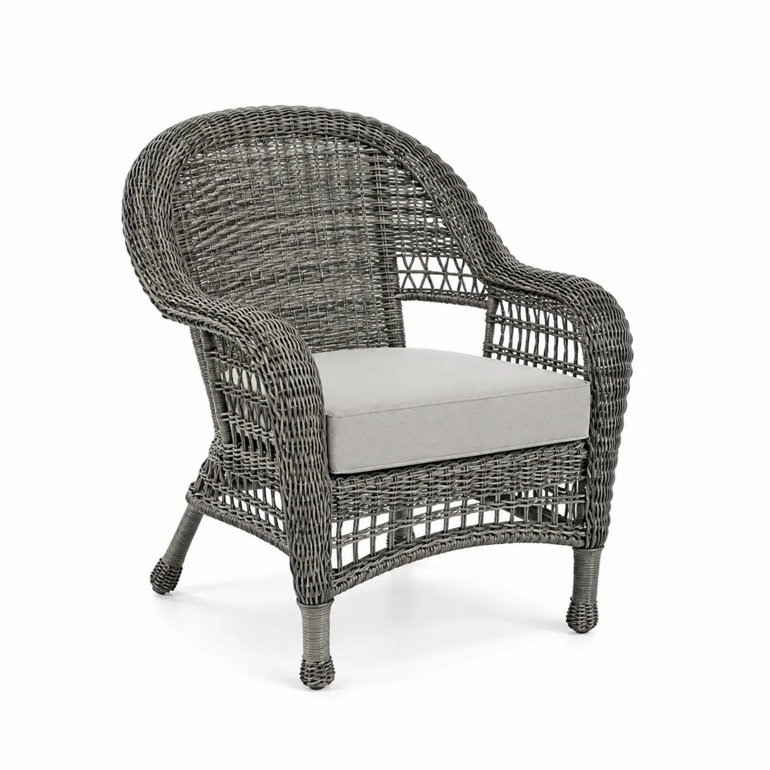 Fauteuil en résine tressée gris avec coussin en polyester