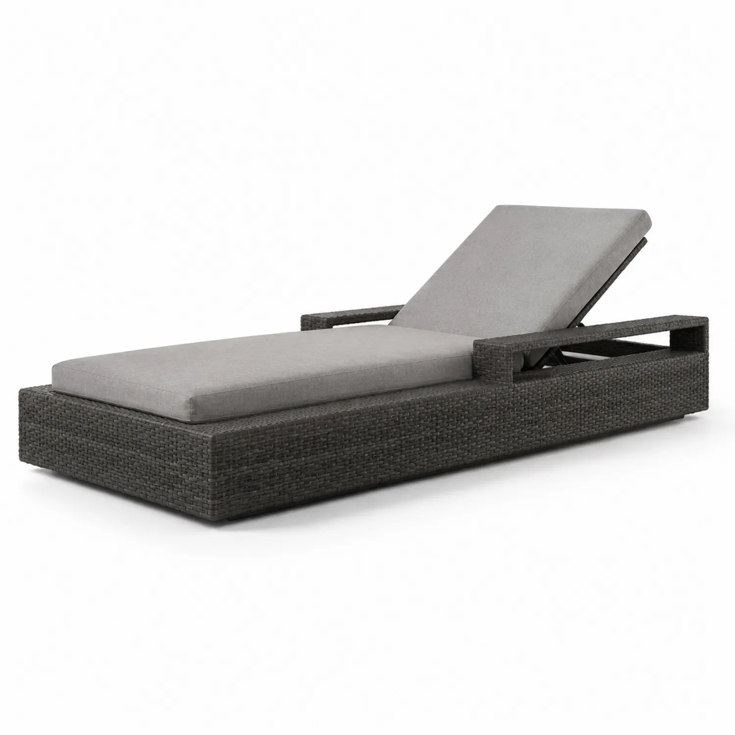 Chaise longue en résine tressée gris avec coussin en polyester