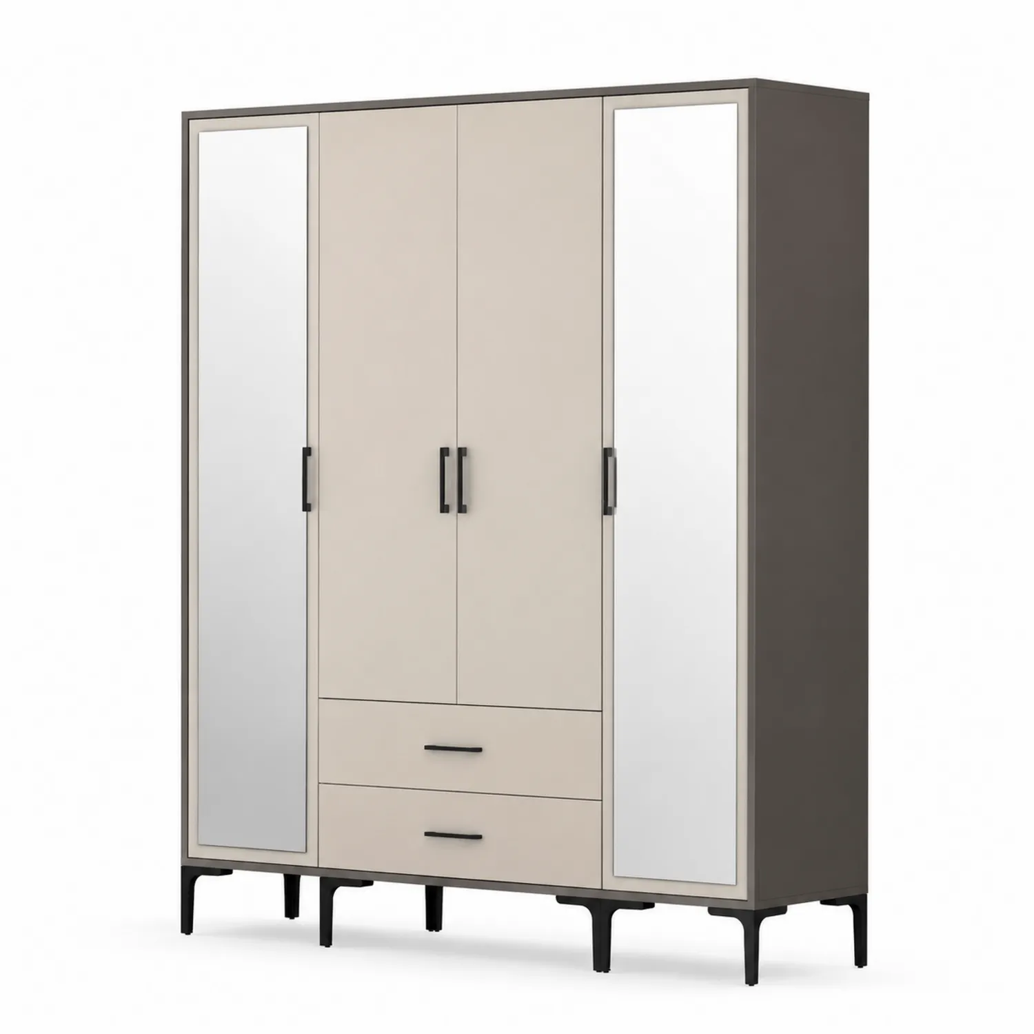 Armoire à quatre portes en bois MDF avec miroirs beige et gris