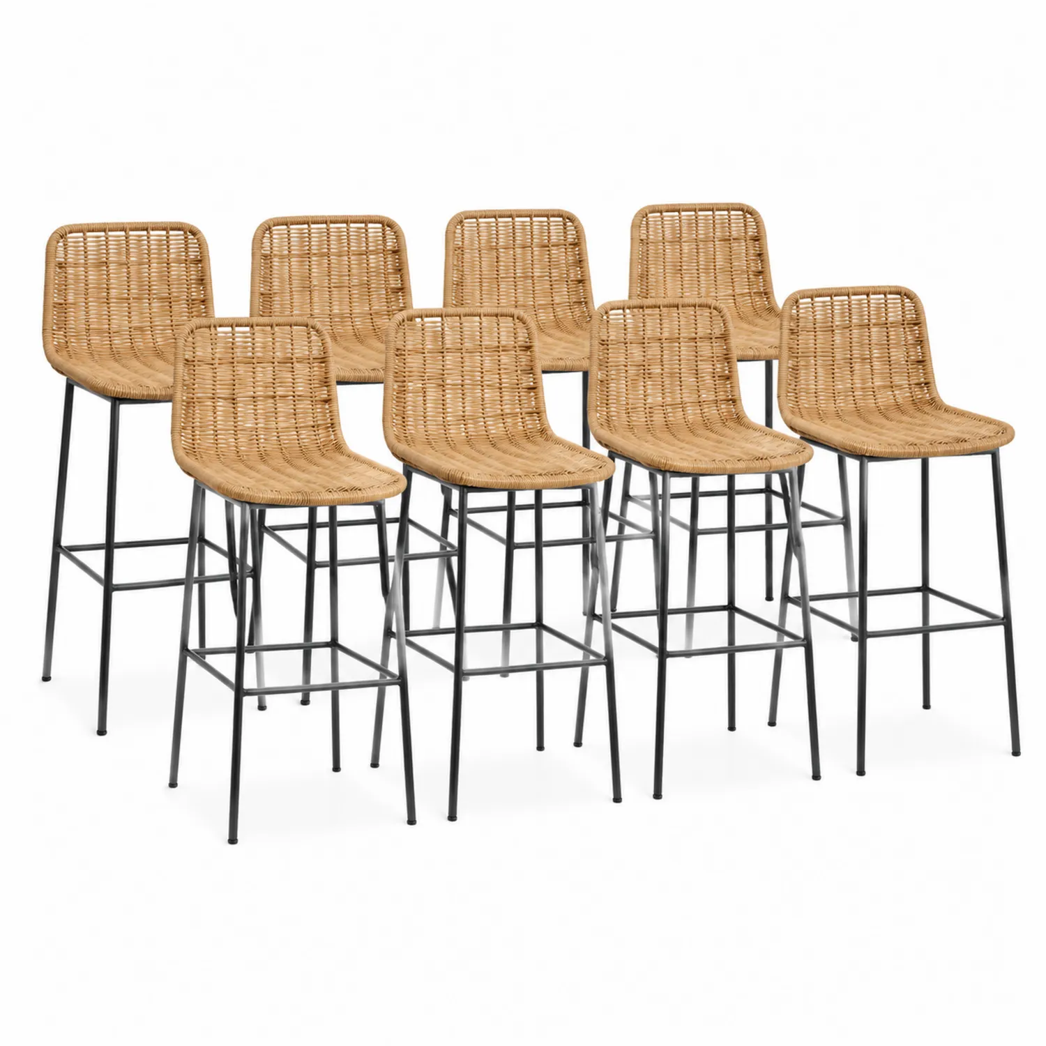 Ensemble de 8 tabourets de bar en rotin et métal