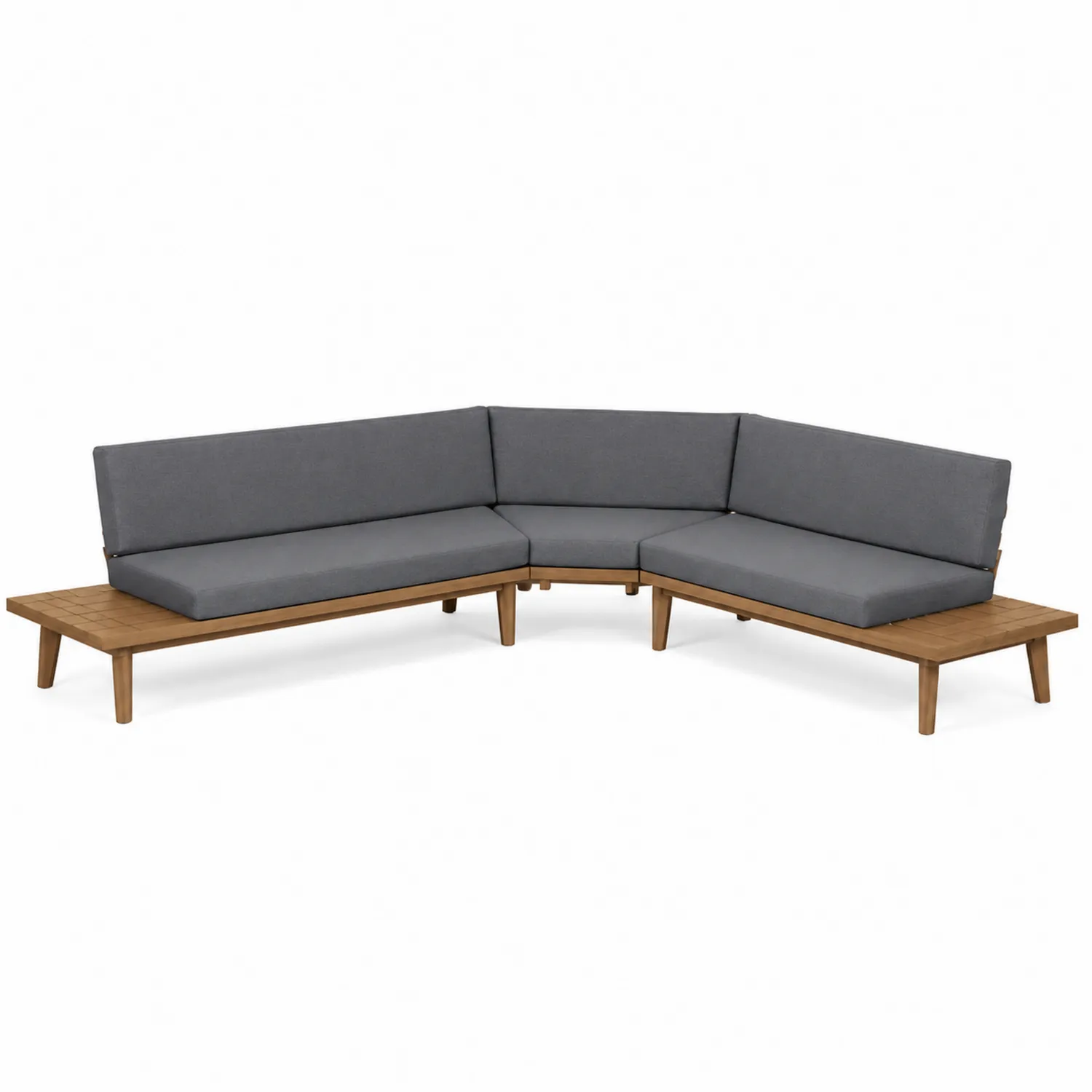 Canapé d'angle en bois d'acacia et coussins gris