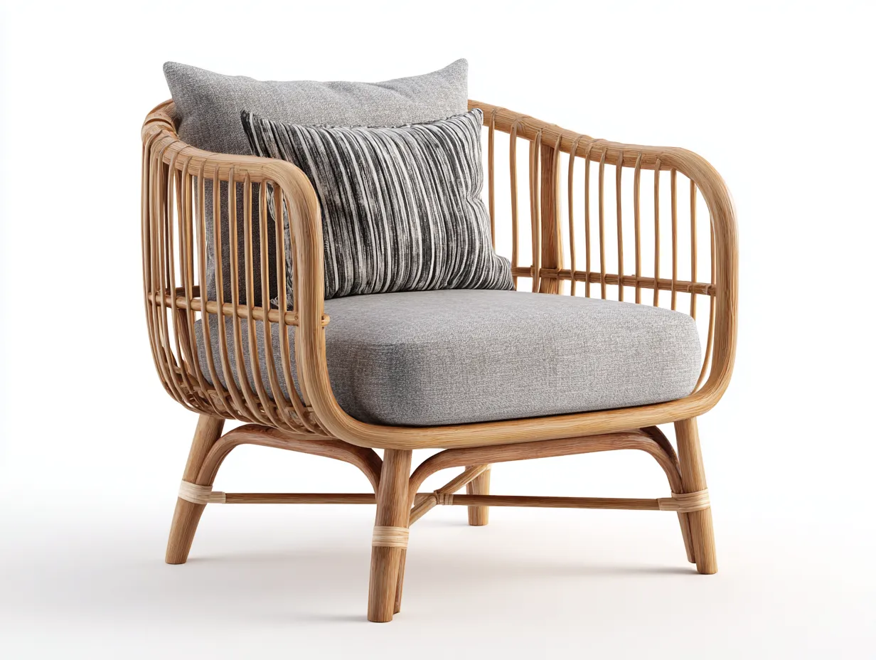 Fauteuil en rotin avec coussin tissu 75x70x75 cm - Couleur bois-Gris - Design naturel - Adapté à l'extérieur-Vavaradecor