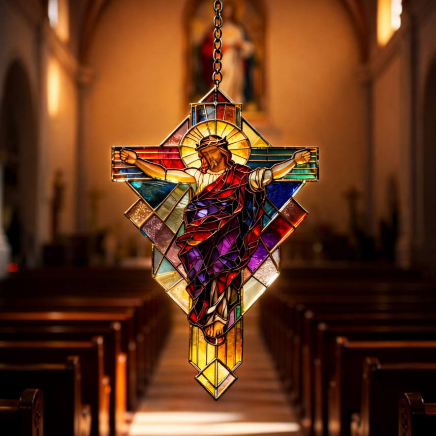 Stained Glass Jesus Cross Suncatcher ✝️