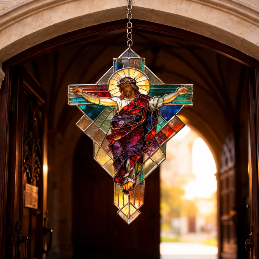 Stained Glass Jesus Cross Suncatcher ✝️