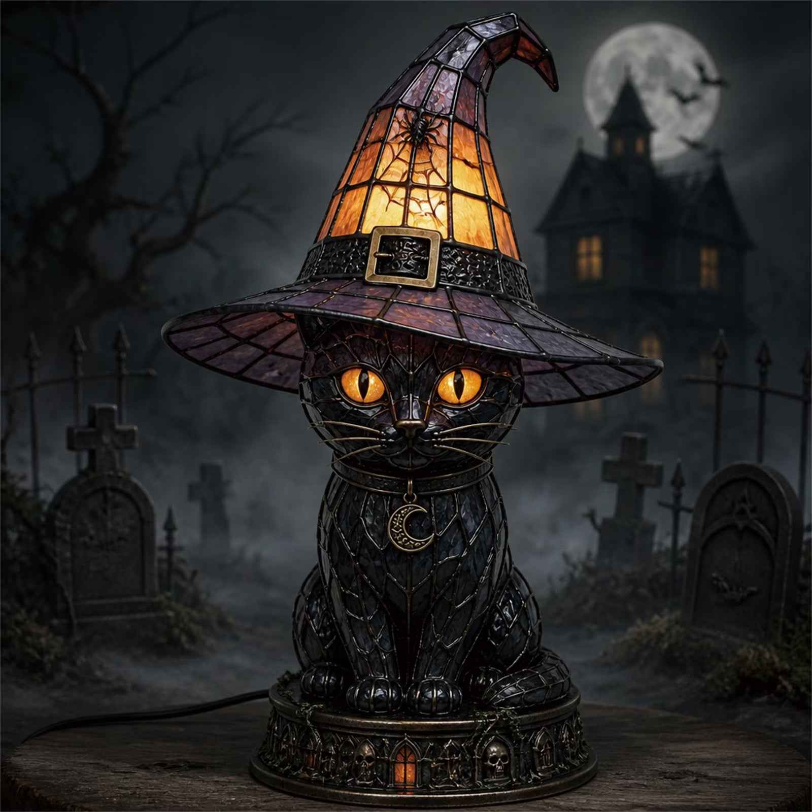 🔥Exclusive Limited Item 👍🔥50%OFF🐈 Gothic Stained Glass Witch Black Cat Table Lamp | Halloween Witch Hat Night Light Decor