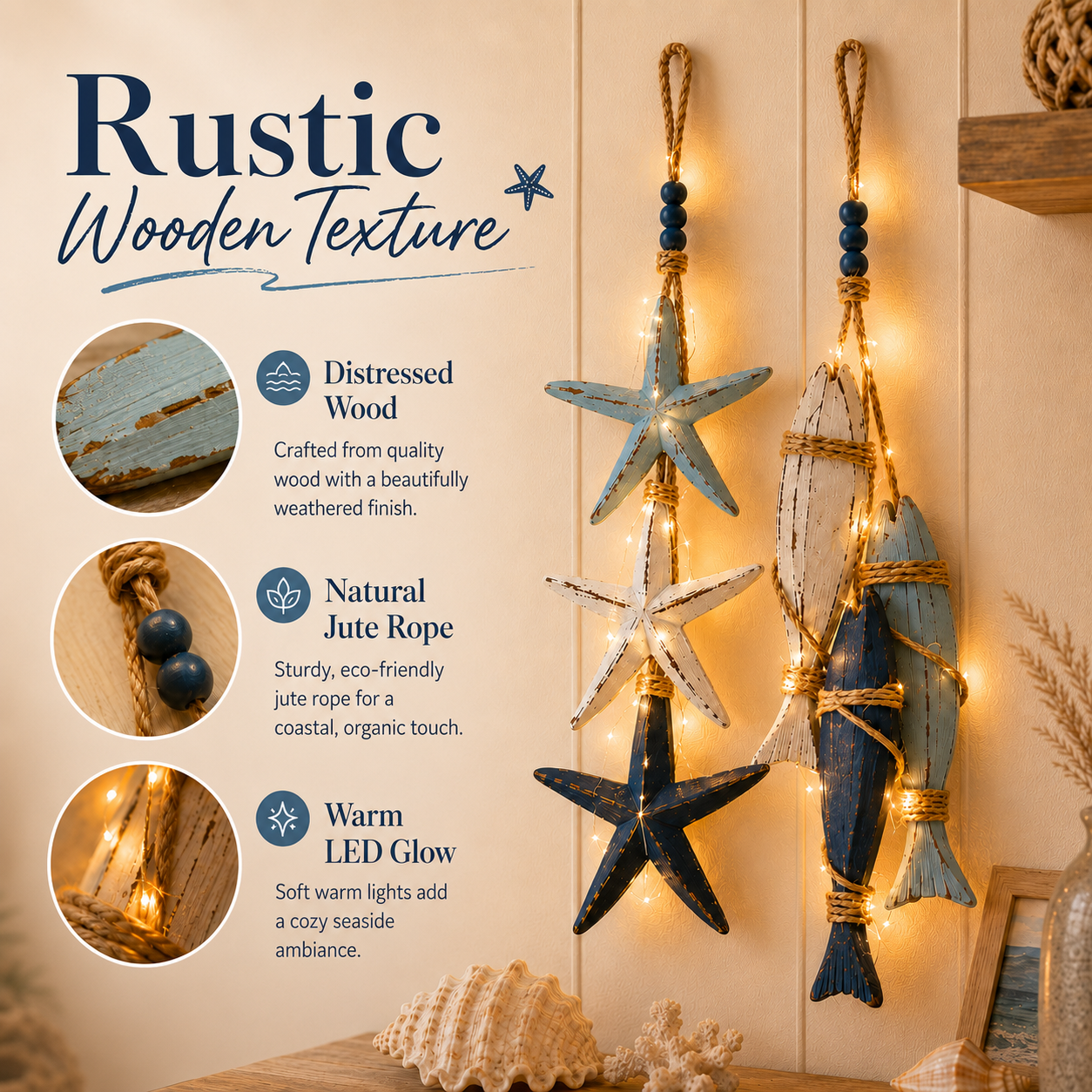 💥70% OFF Today - 🌊 Lighted Coastal Starfish & Fish Hanging Wall Decor