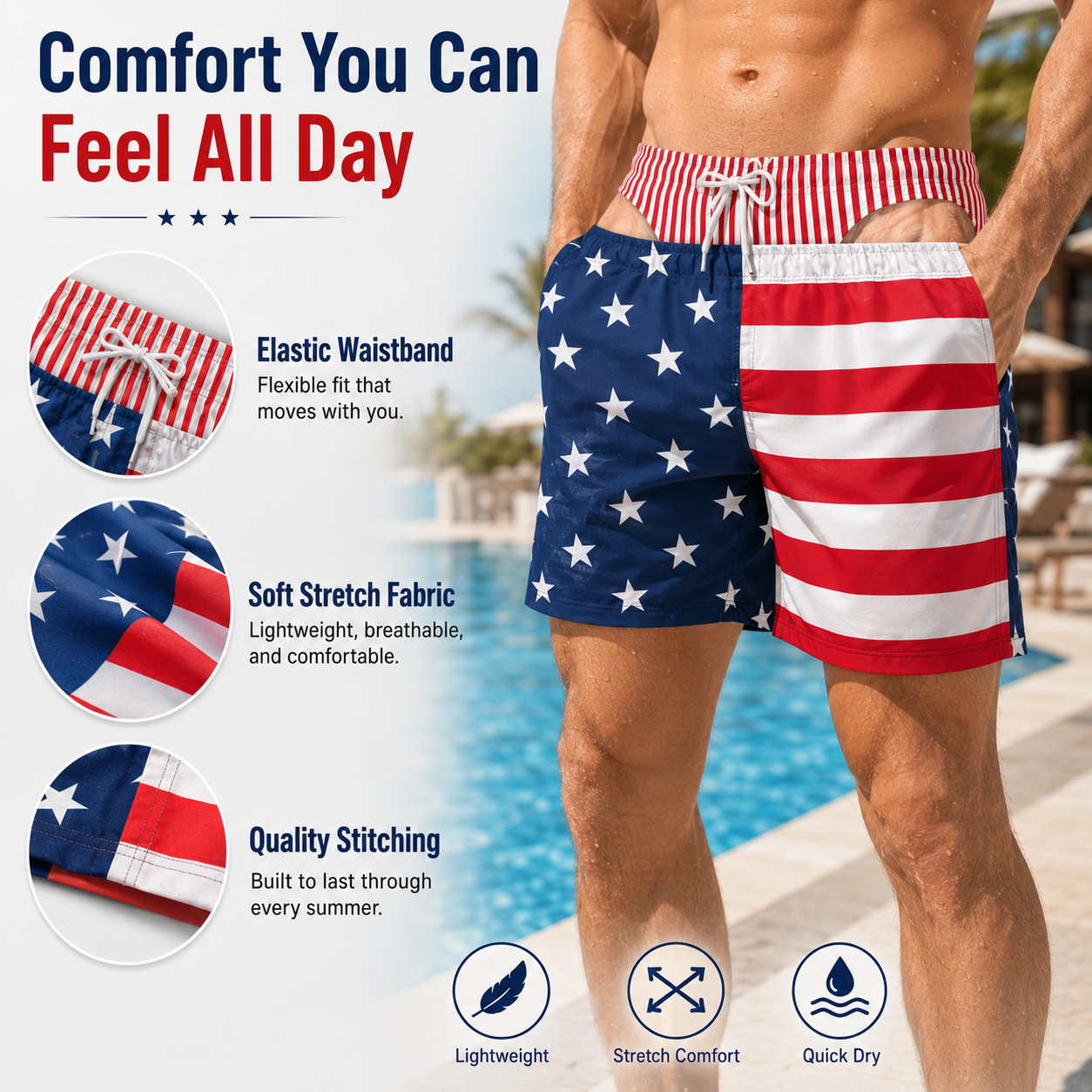 Funny Patriotic “Warning Wide Load” Swim Trunks – Custom Beach Shorts for Men