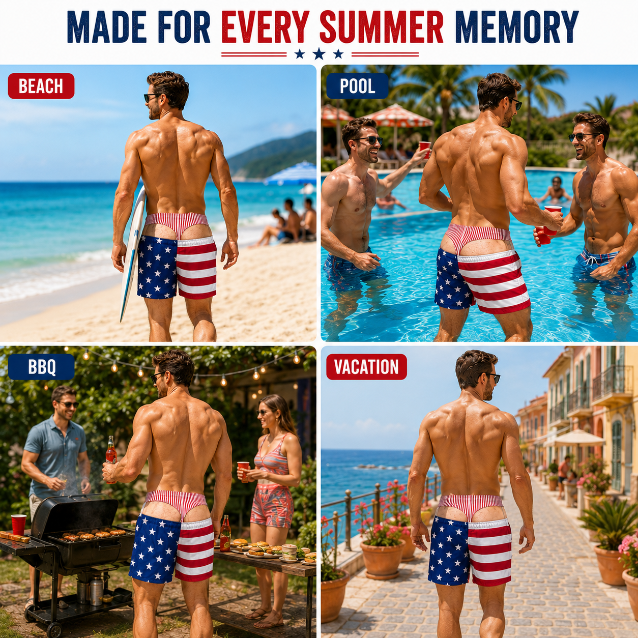 Funny Patriotic “Warning Wide Load” Swim Trunks – Custom Beach Shorts for Men