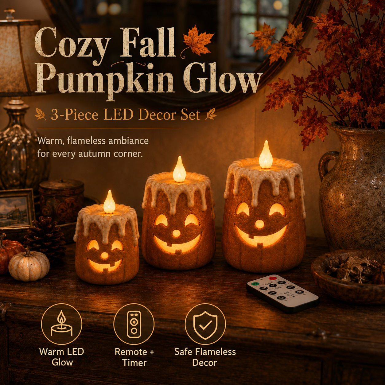 🔥Final Day Clearance 65% OFF🔥3-Piece Set Cozy Lighted Pumpkin Candles🎃