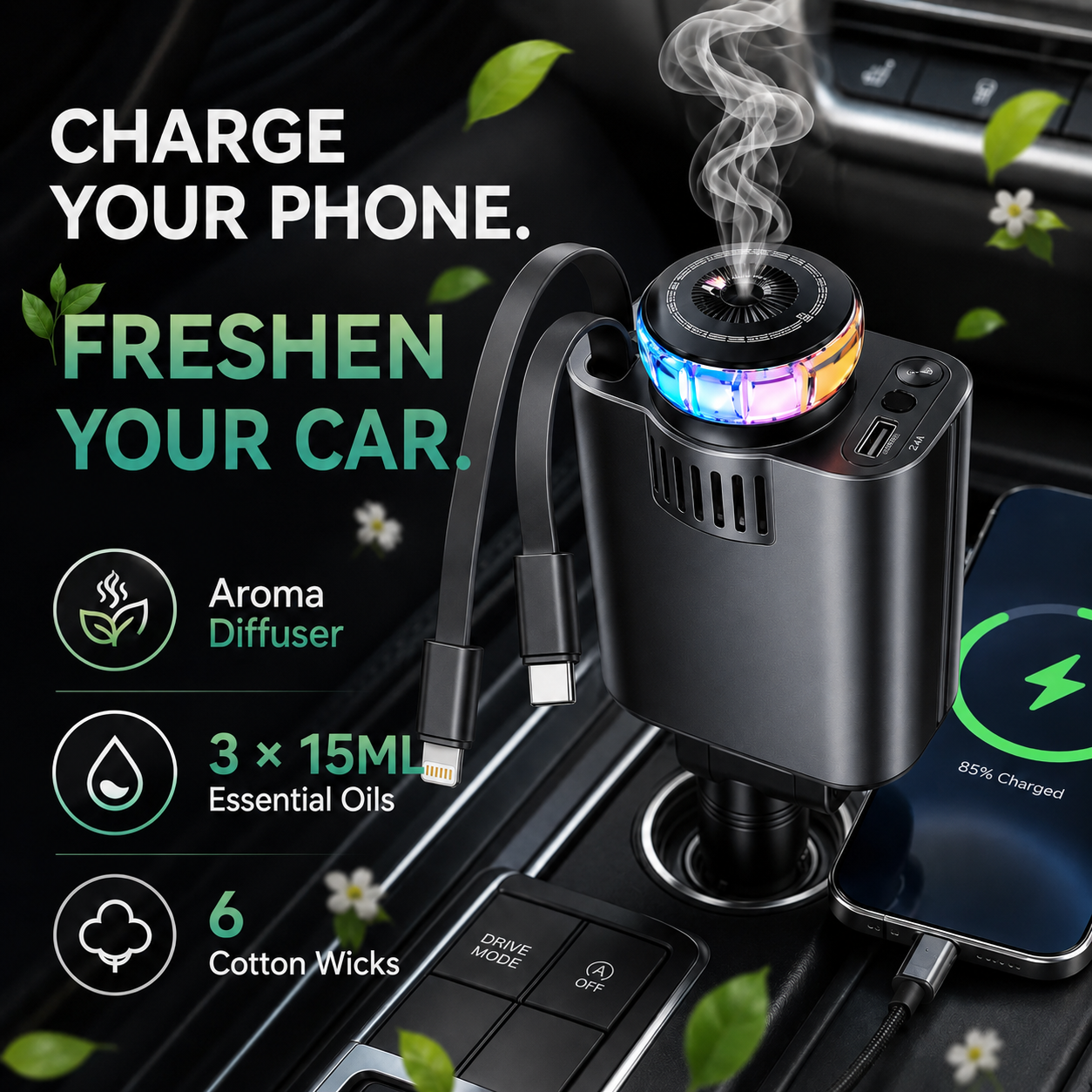 🔥80% OFF 🚗⚡ 5-in-1 Retractable Car Charger with Aromatherapy & Starlight