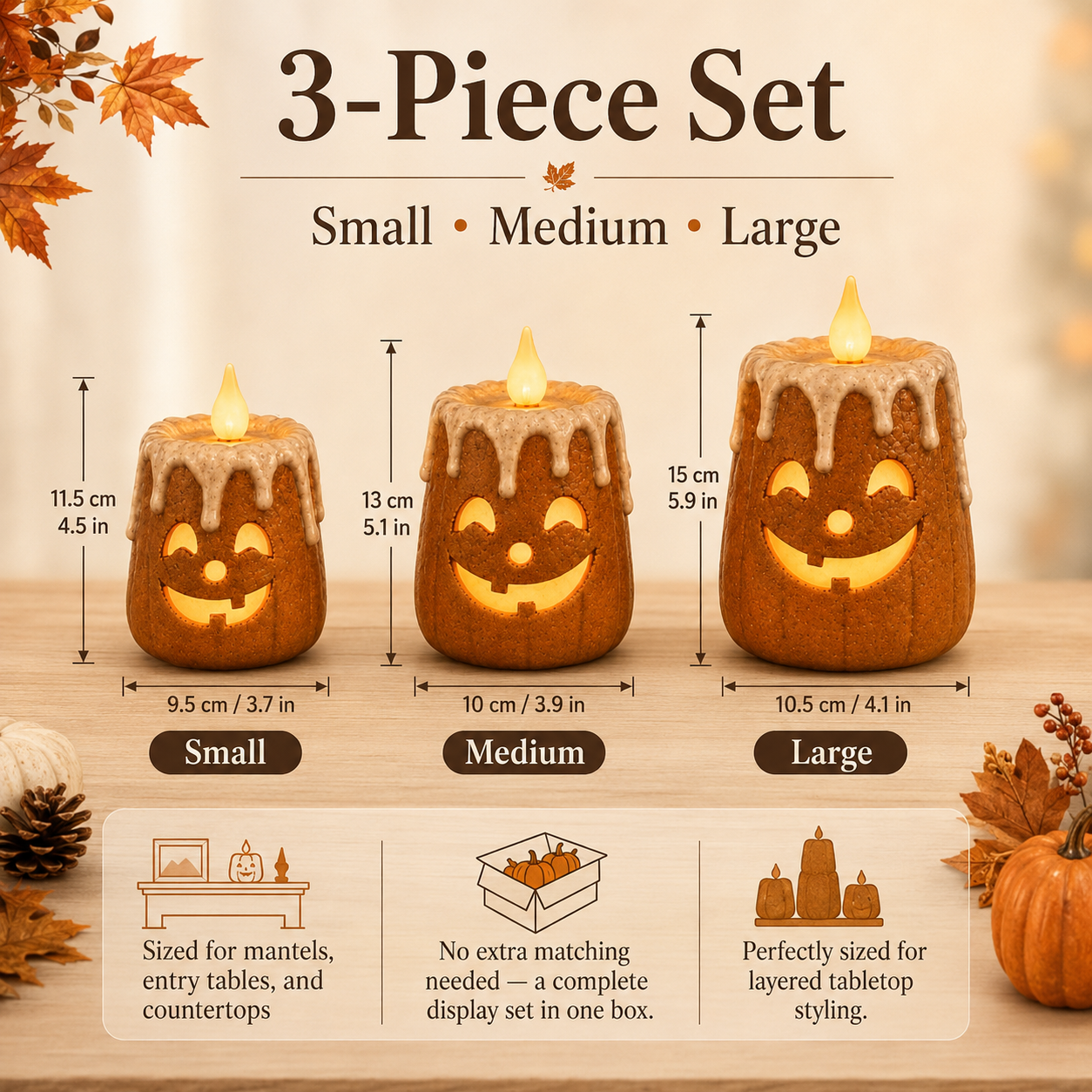 🌟3-Piece Set Cozy Lighted Pumpkin Candles🎃