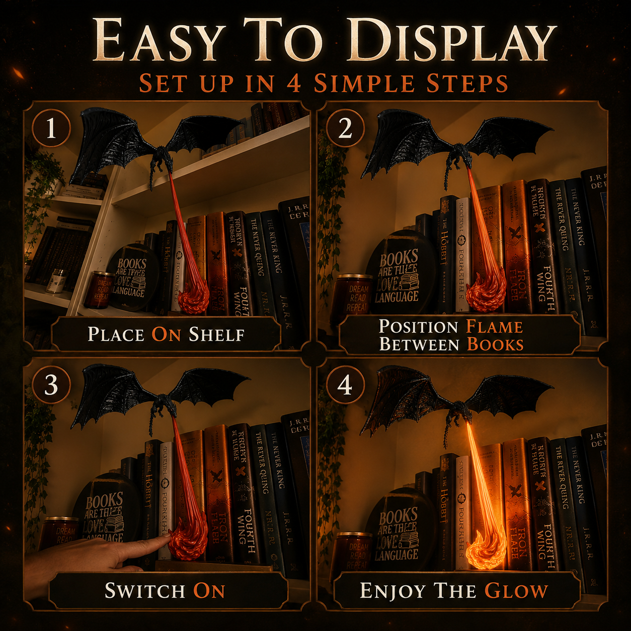 💥75% OFF 🐉Light-Up Dragon Fire Bookshelf Lamp