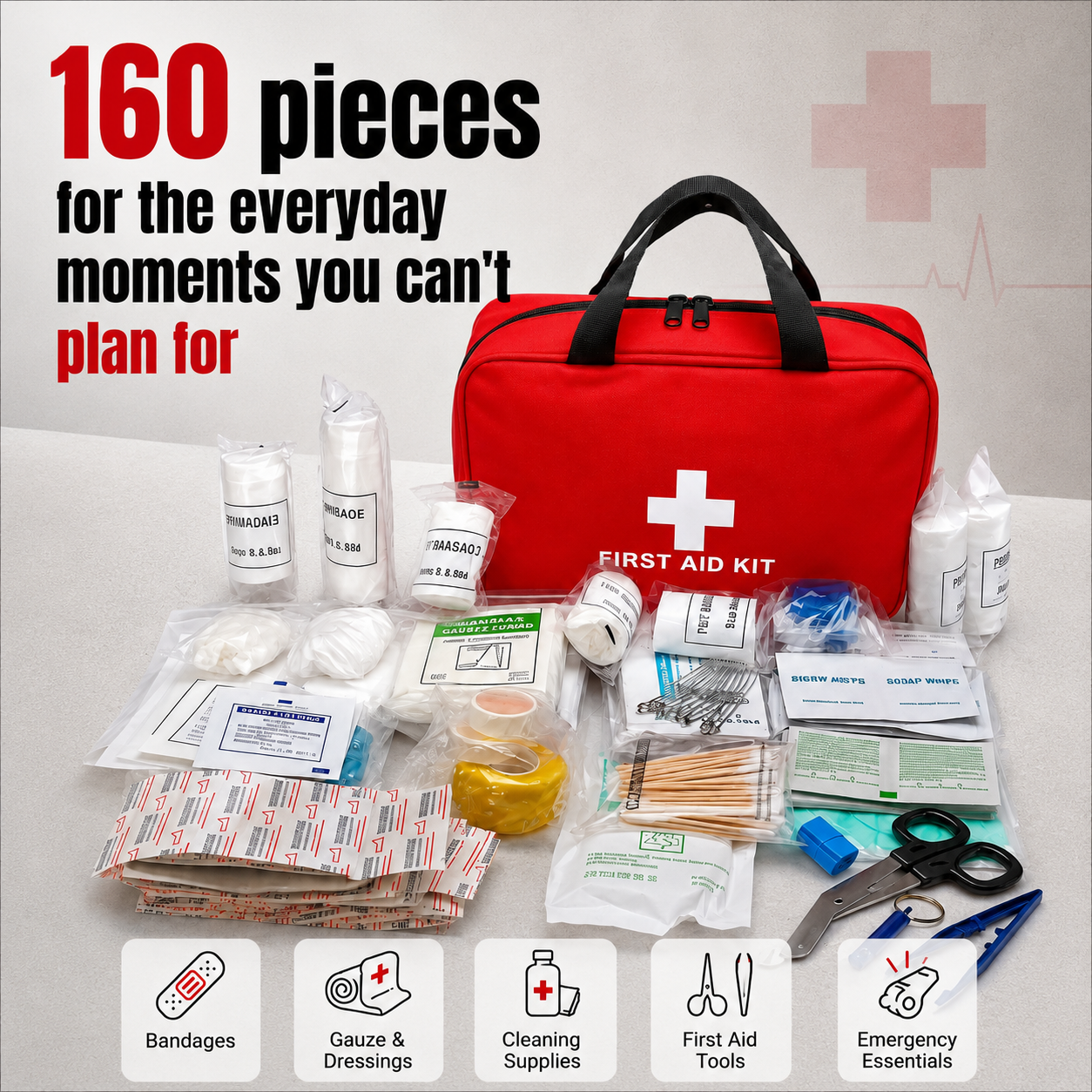 160-Piece First Aid Kit for Home, Car & Travel