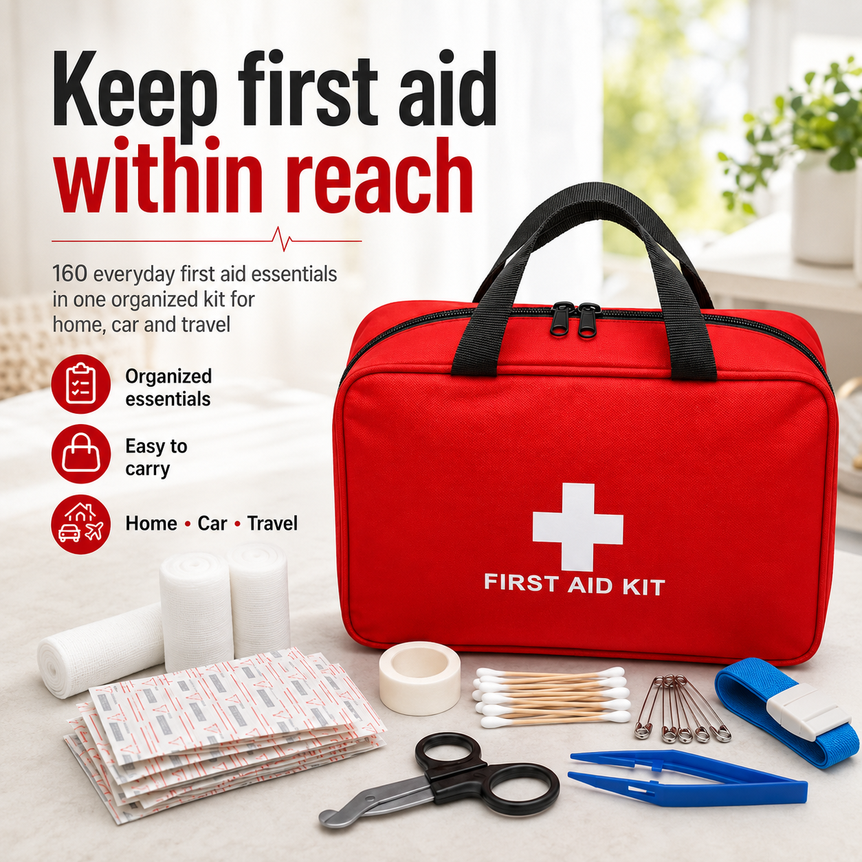 160-Piece First Aid Kit for Home, Car & Travel