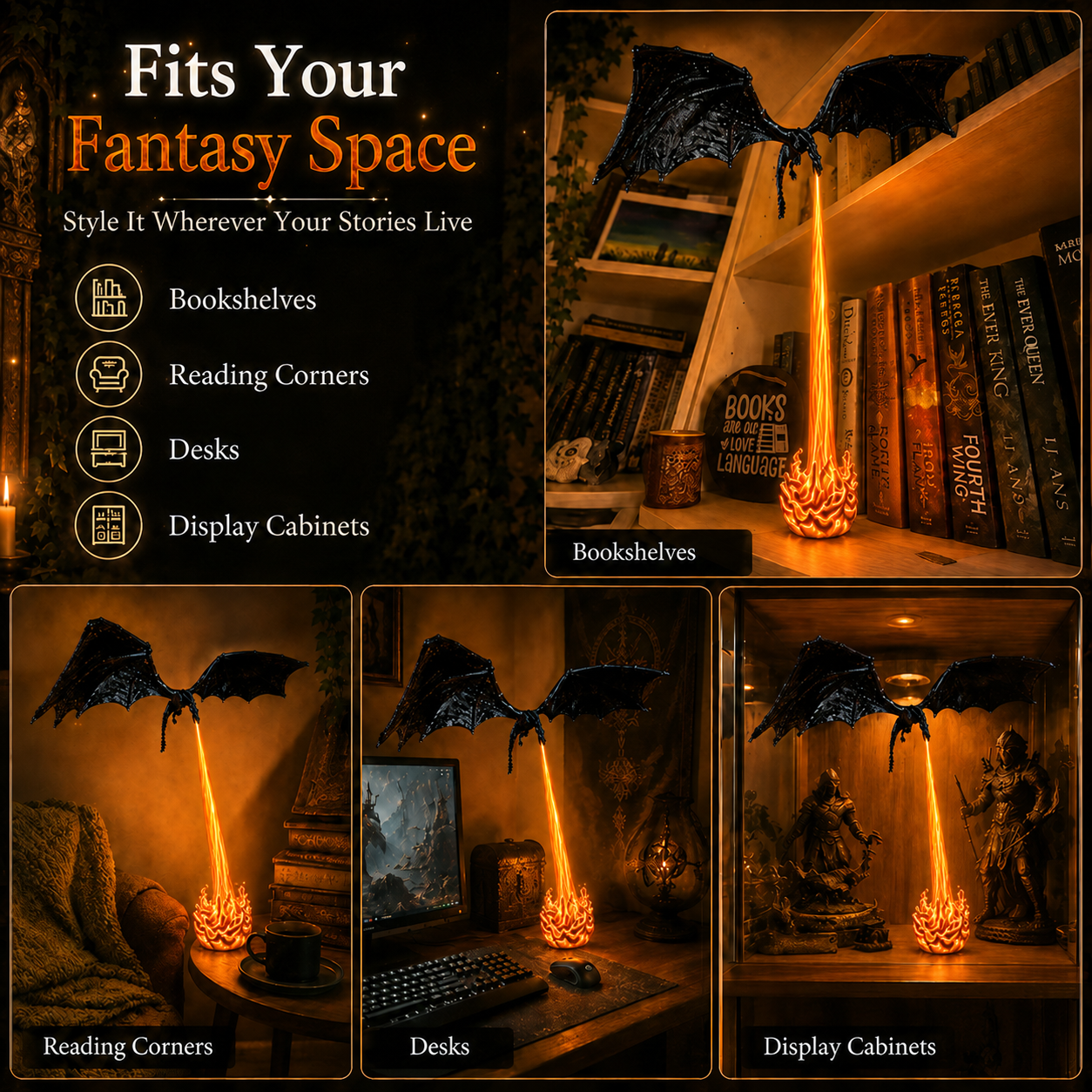 💥75% OFF 🐉Light-Up Dragon Fire Bookshelf Lamp