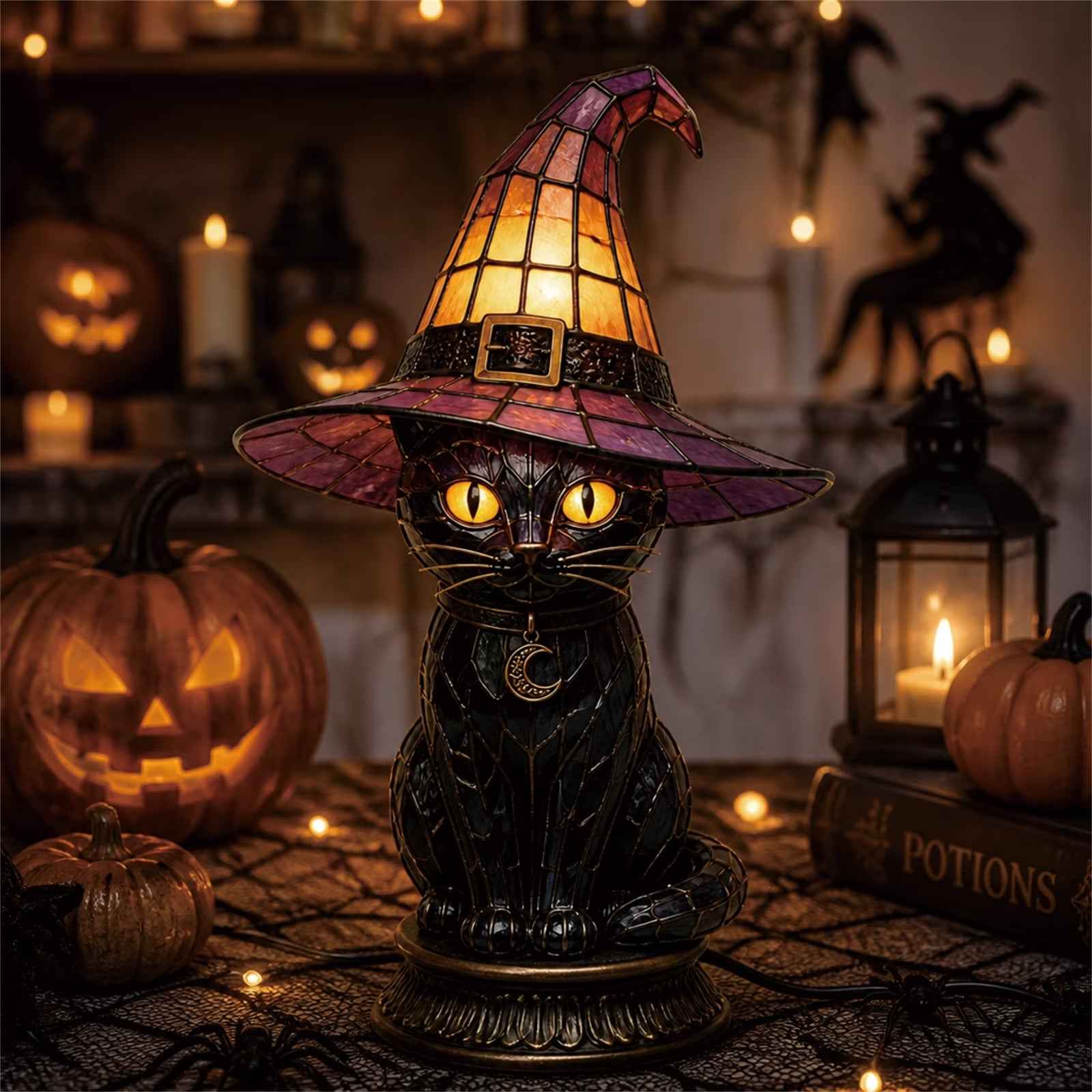 🐈Mystic Witch Cat Lamp ✨  Gothic Stained Glass Halloween Decor 🔥