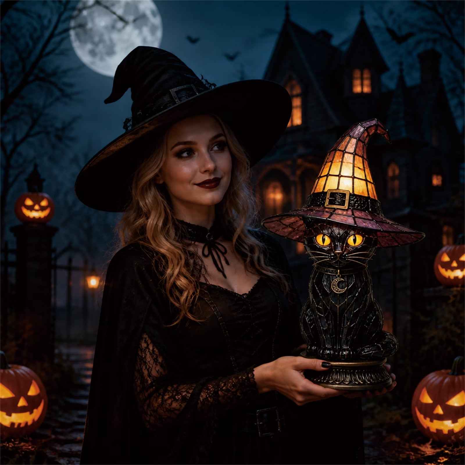 🐈Mystic Witch Cat Lamp ✨  Gothic Stained Glass Halloween Decor 🔥