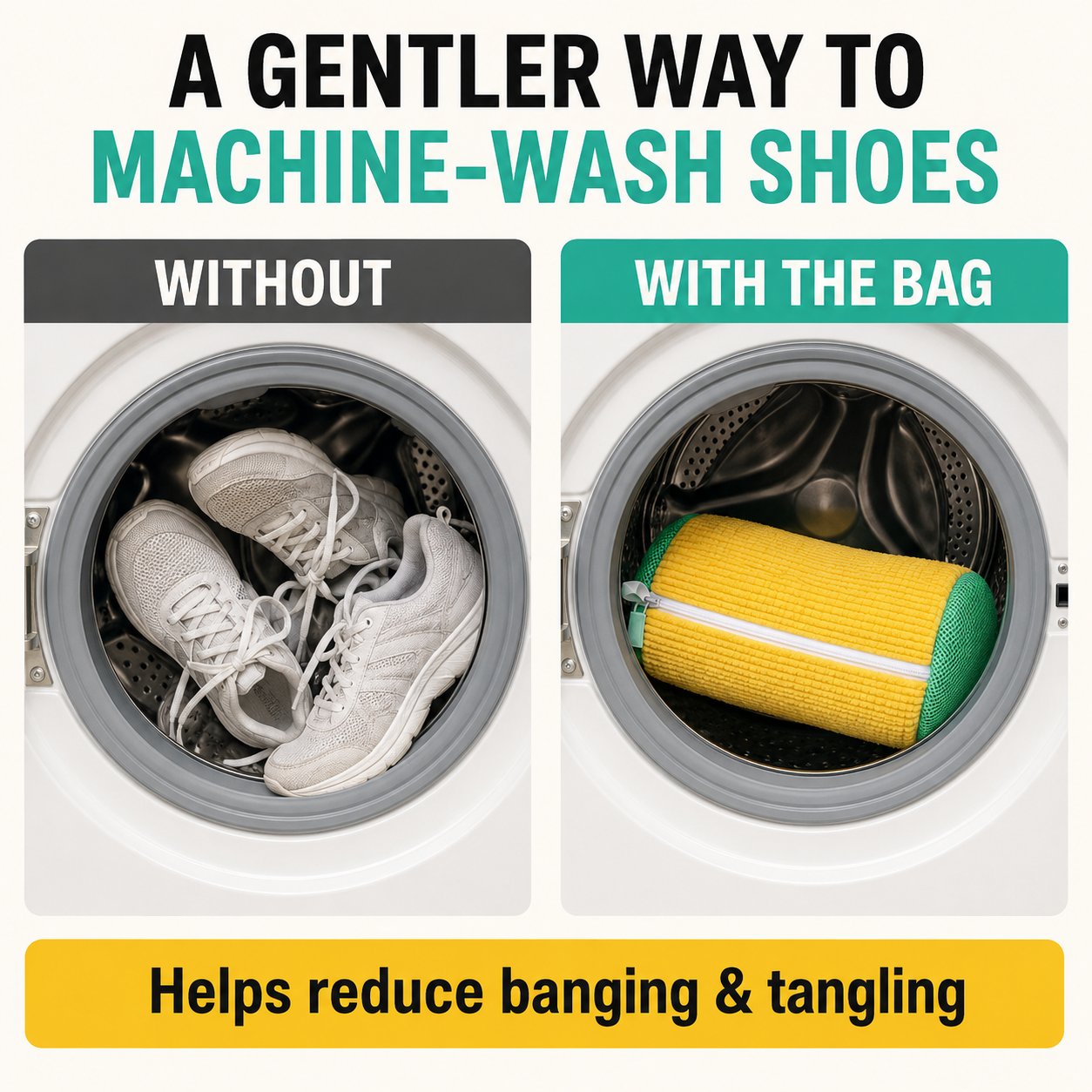 Tangled shoes in washer