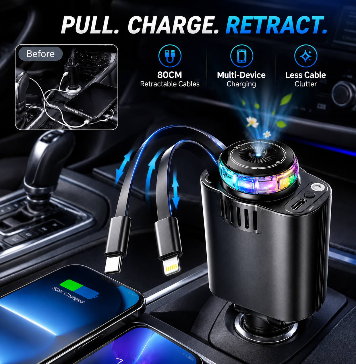 🔥80% OFF 🚗⚡ 5-in-1 Retractable Car Charger with Aromatherapy & Starlight