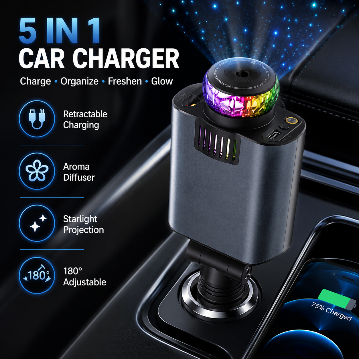 80% OFF 🚗⚡ 5-in-1 Retractable Car Charger with Aromatherapy & Starlight