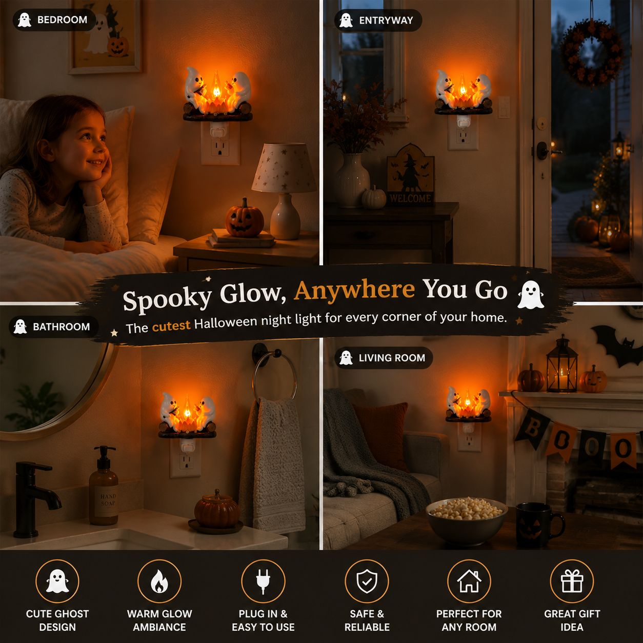 Ghost Campfire Plug-In Nightlight, Cute Spooky Halloween Decor