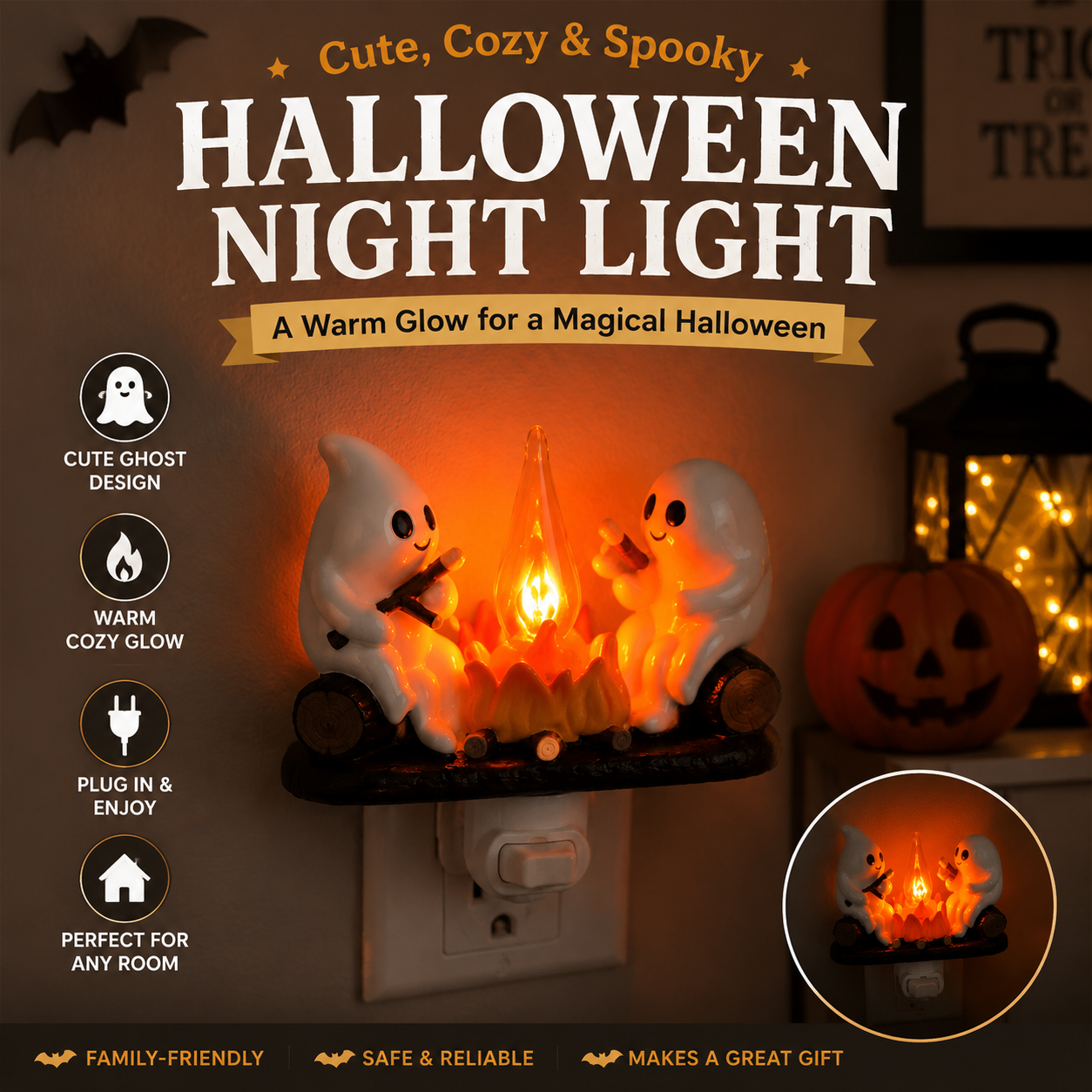 Ghost Campfire Plug-In Nightlight, Cute Spooky Halloween Decor