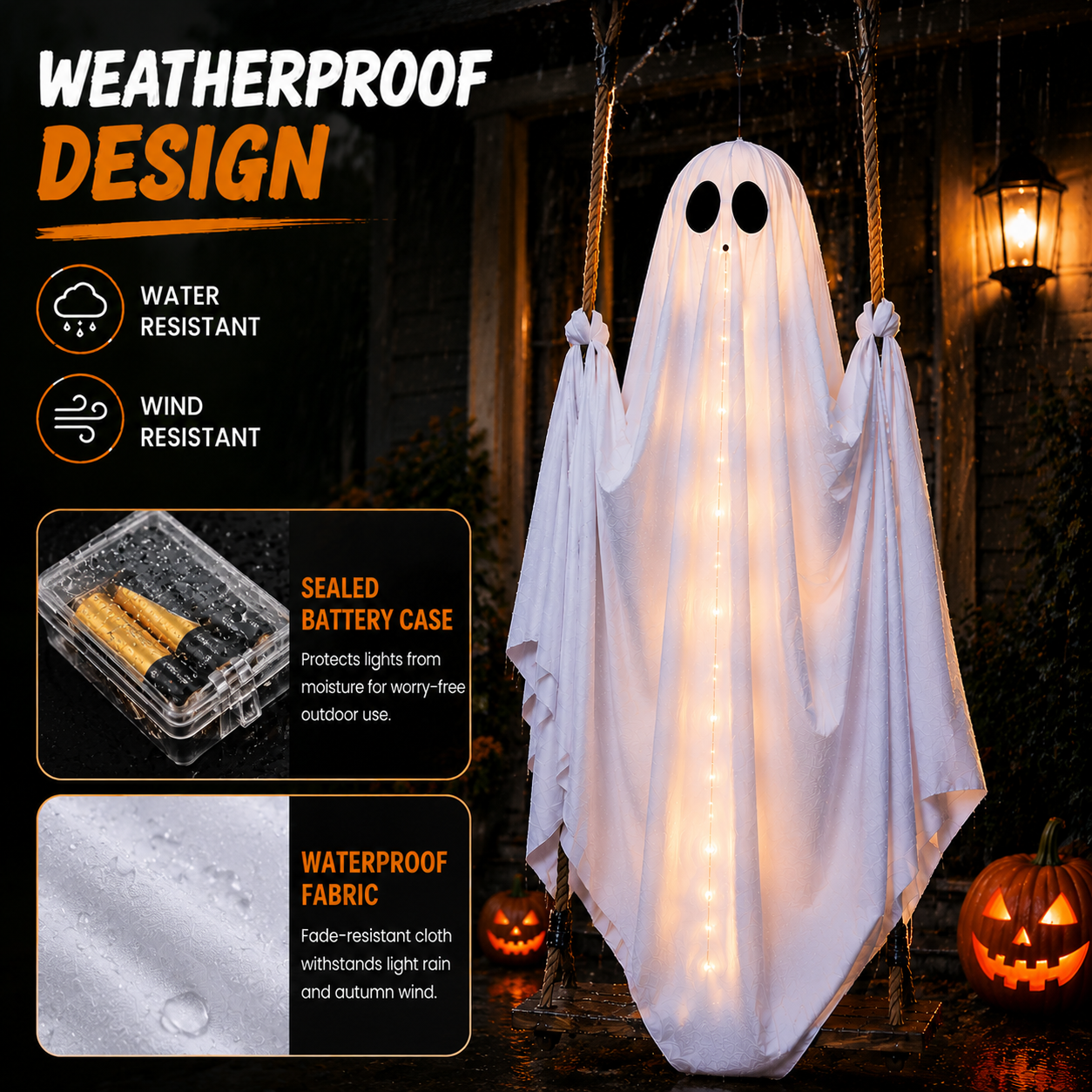 Swinging Ghost Halloween Decoration with LED Lights