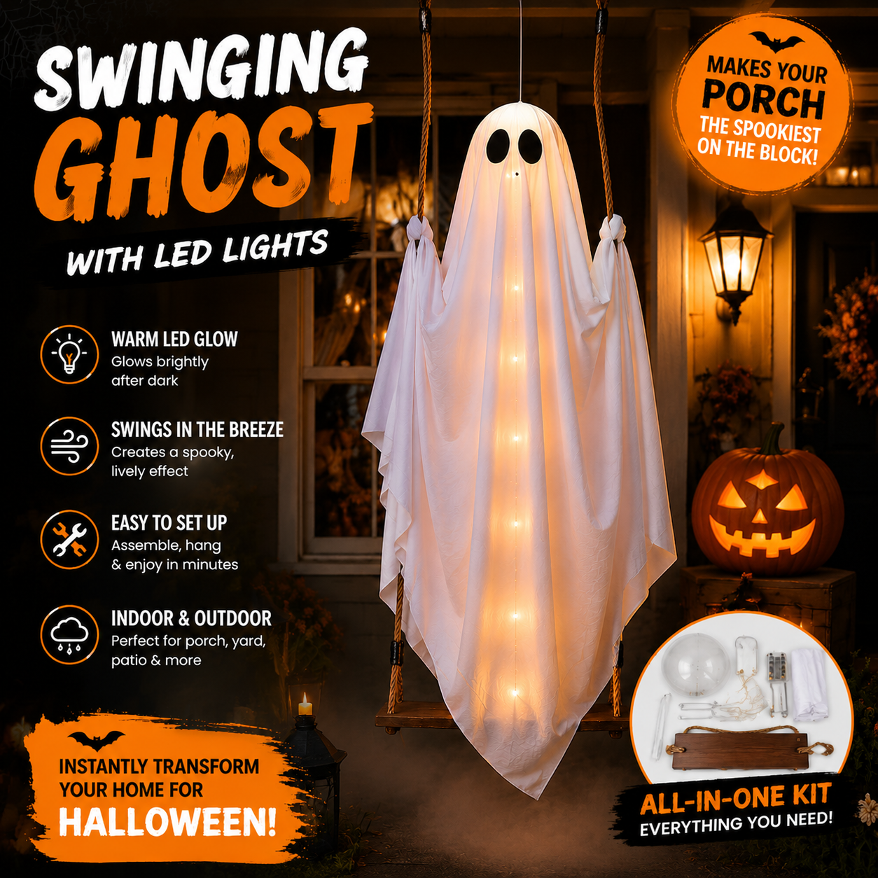 🔥Final Day Clearance 65% OFF🔥Swinging Ghost Halloween Decoration with LED Lights👻