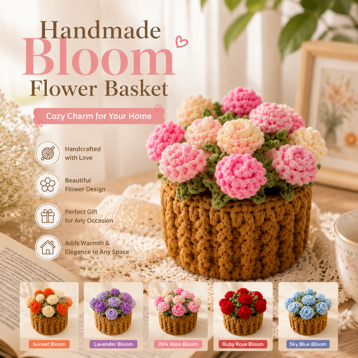 Handmade Bloom Flower Coaster Basket – 2-in-1 Floral Table Decor & Cozy Home Accent