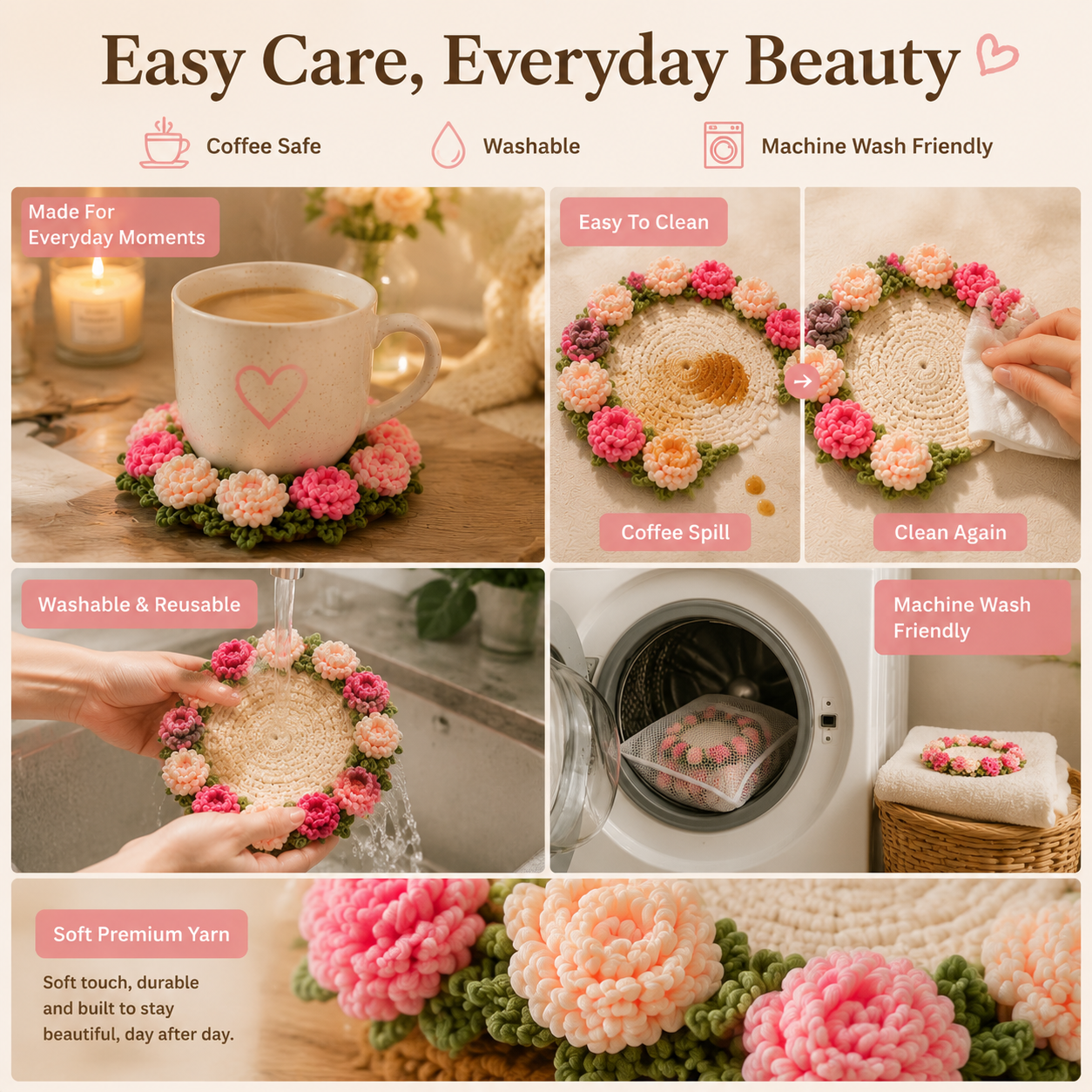 Handmade Bloom Flower Coaster Basket – 2-in-1 Floral Table Decor & Cozy Home Accent