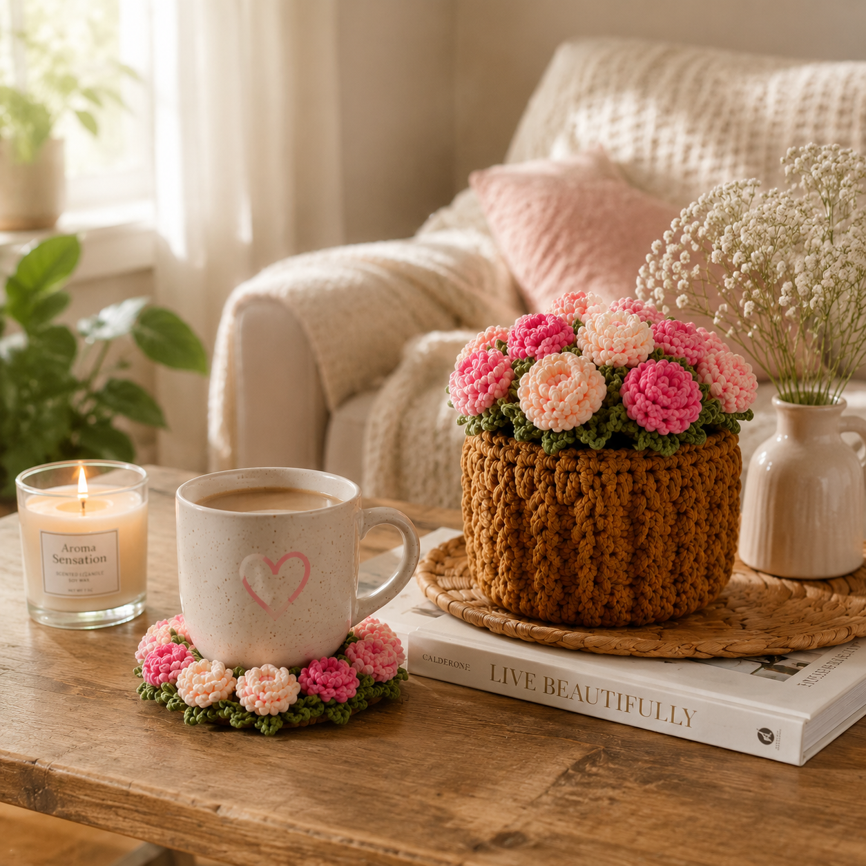 Handmade Bloom Flower Coaster Basket – 2-in-1 Floral Table Decor & Cozy Home Accent