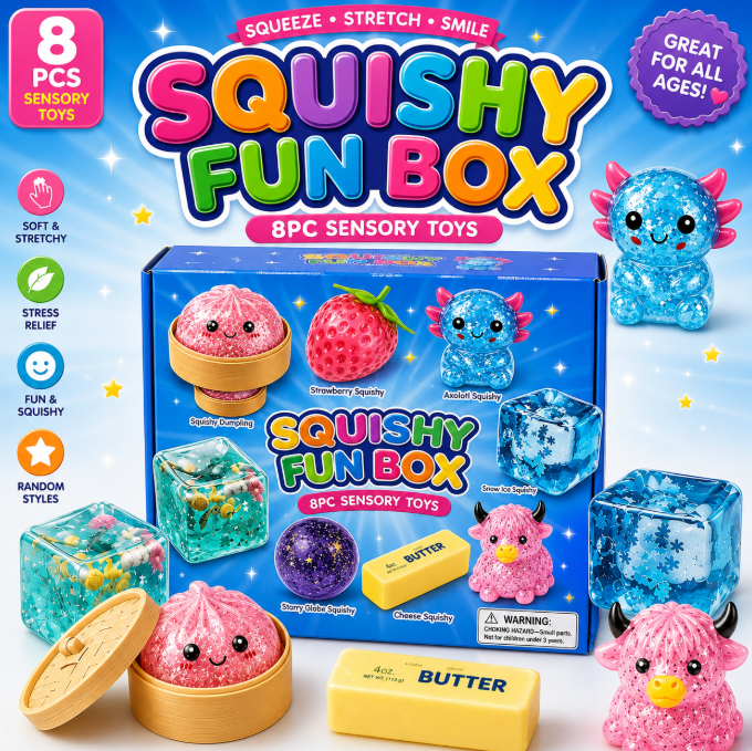 Mystery Squishy Gift Box 8Pcs Sensory Stress Relief Fidget Toys for Kids & Adults