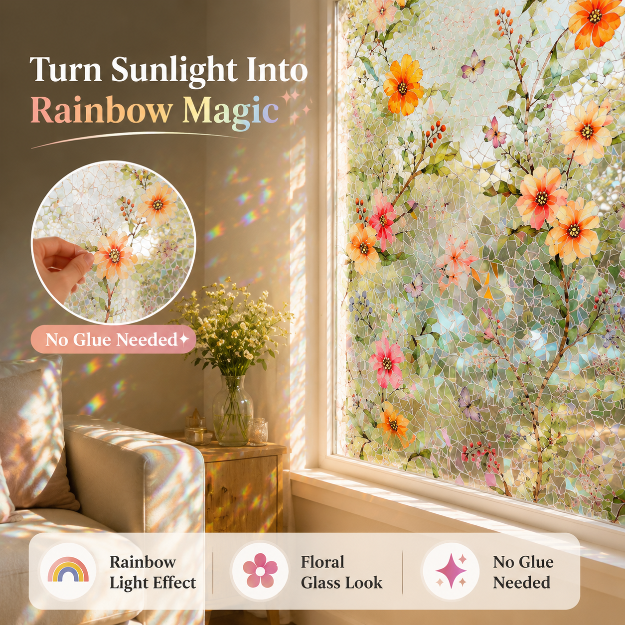 🔥Last Day 65%OFF🌸Floral Static Cling Window Film – No Glue Decorative Privacy Glass Sticker🪟