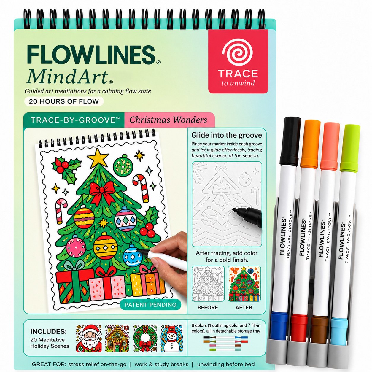 🔥LAST DAY 50% OFF 🌿 Trace-By-Groove Guided Flow Art Coloring Pad with Double-Sided Markers 🎨