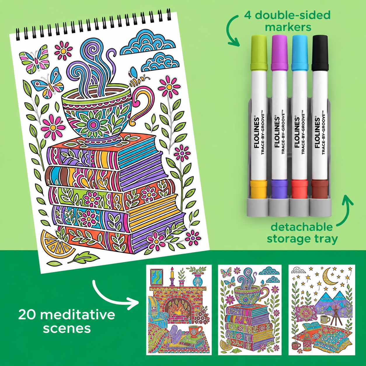 🔥LAST DAY 50% OFF 🌿 Trace-By-Groove Guided Flow Art Coloring Pad with Double-Sided Markers 🎨