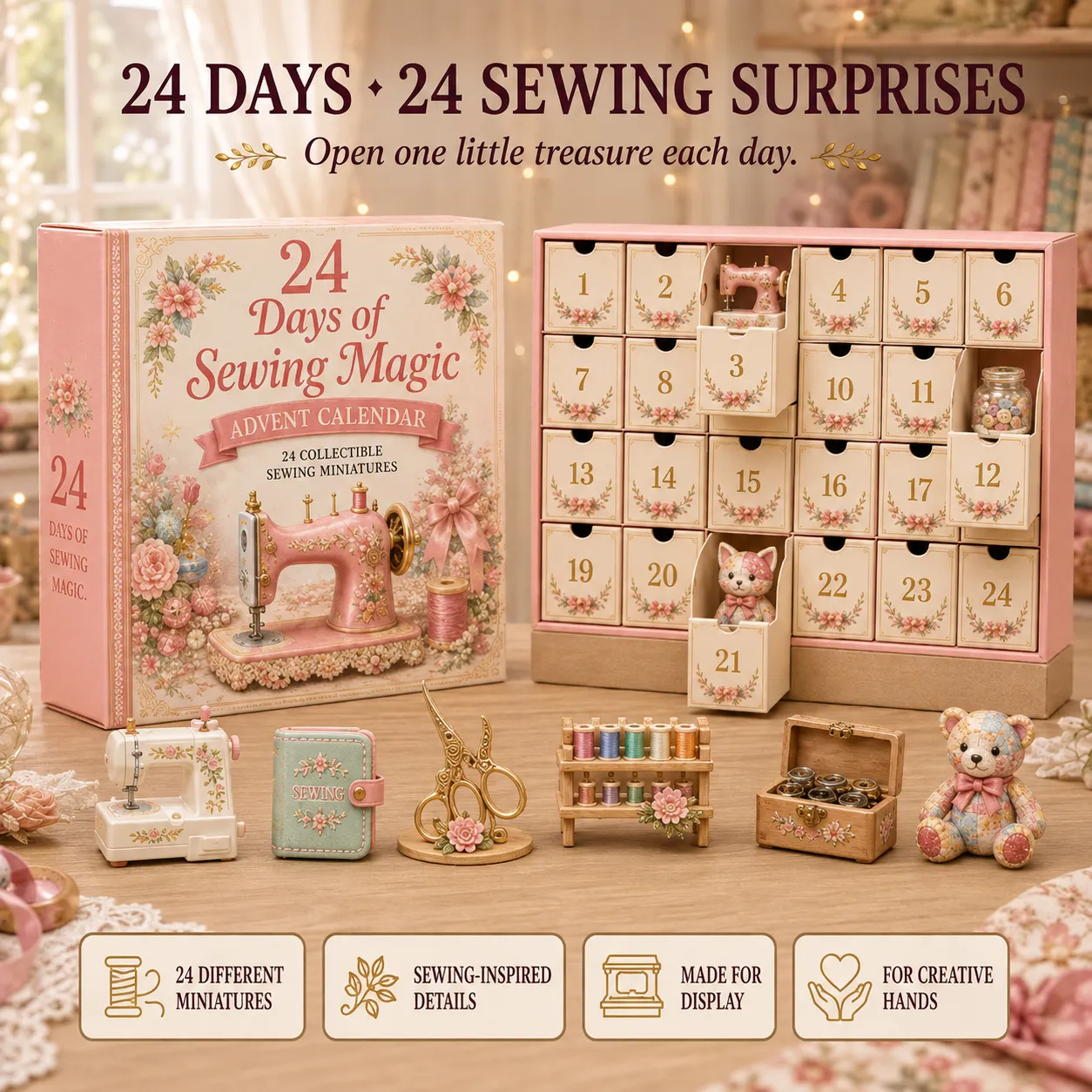 🔥LAST DAY 50% OFF🔥🧵24 Days Of Sewing Magic Advent Calendar | 24 Sewing-Inspired Miniatures for Craft Lovers, Quilters & Handmade Enthusiasts 🎁