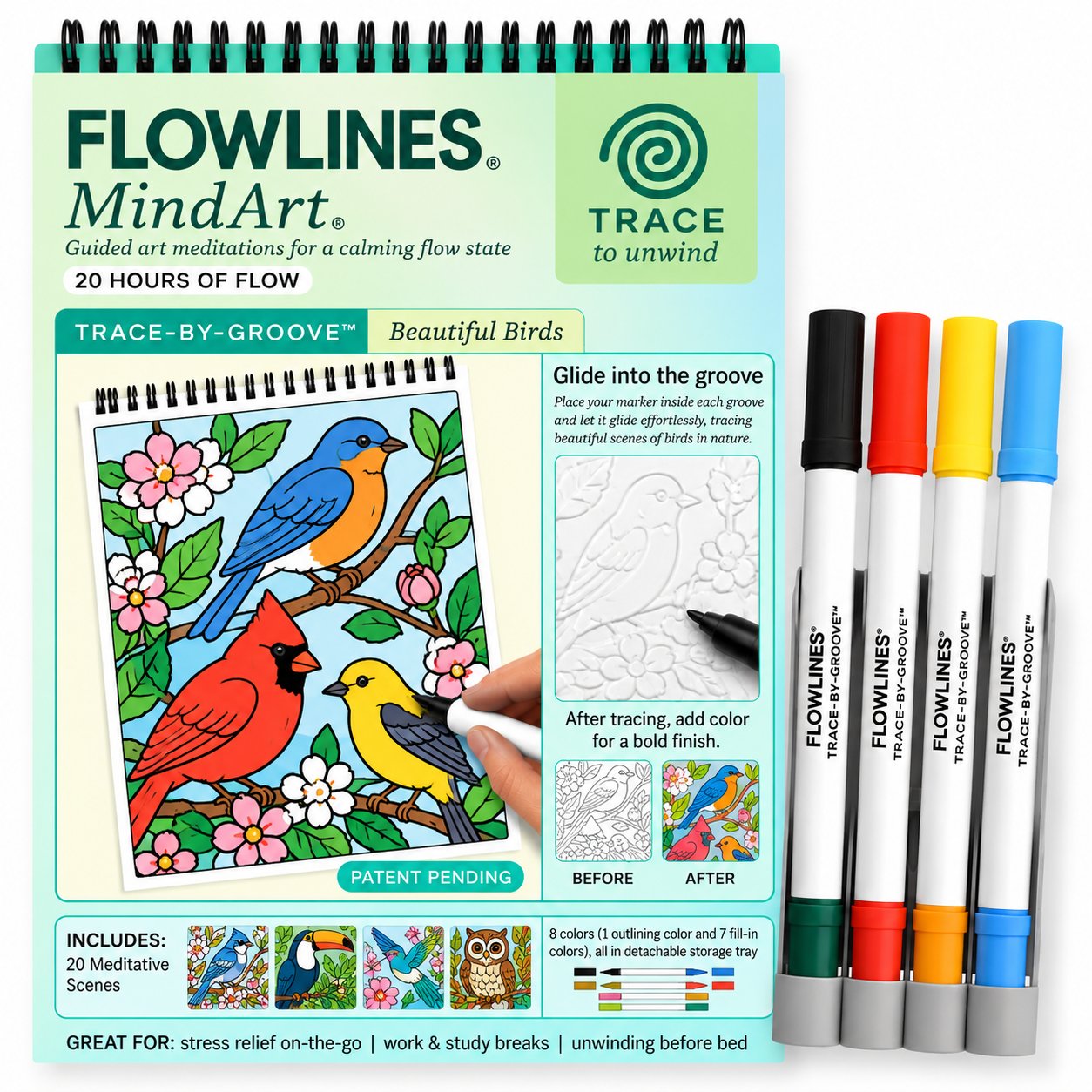 🔥LAST DAY 50% OFF 🌿 Trace-By-Groove Guided Flow Art Coloring Pad with Double-Sided Markers 🎨