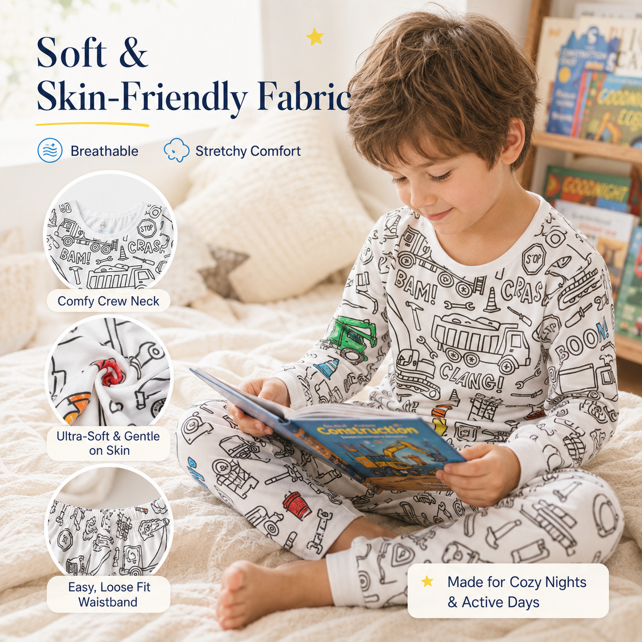 Colorable Two Piece Pajama Set | Construction Zone