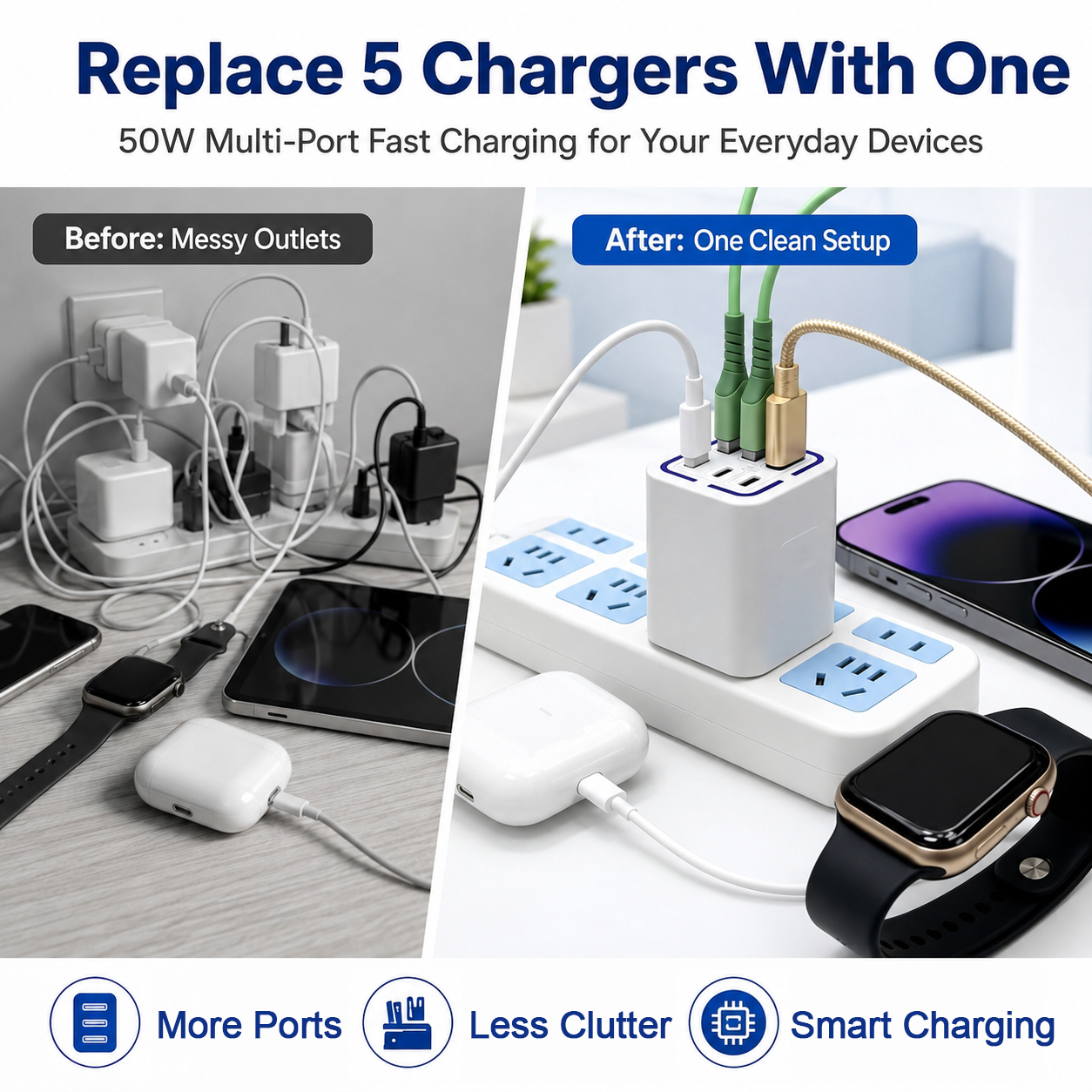 🔥 70% OFF Today 🔋 50W Multi-Port Fast Charger with Smart Fast Charging