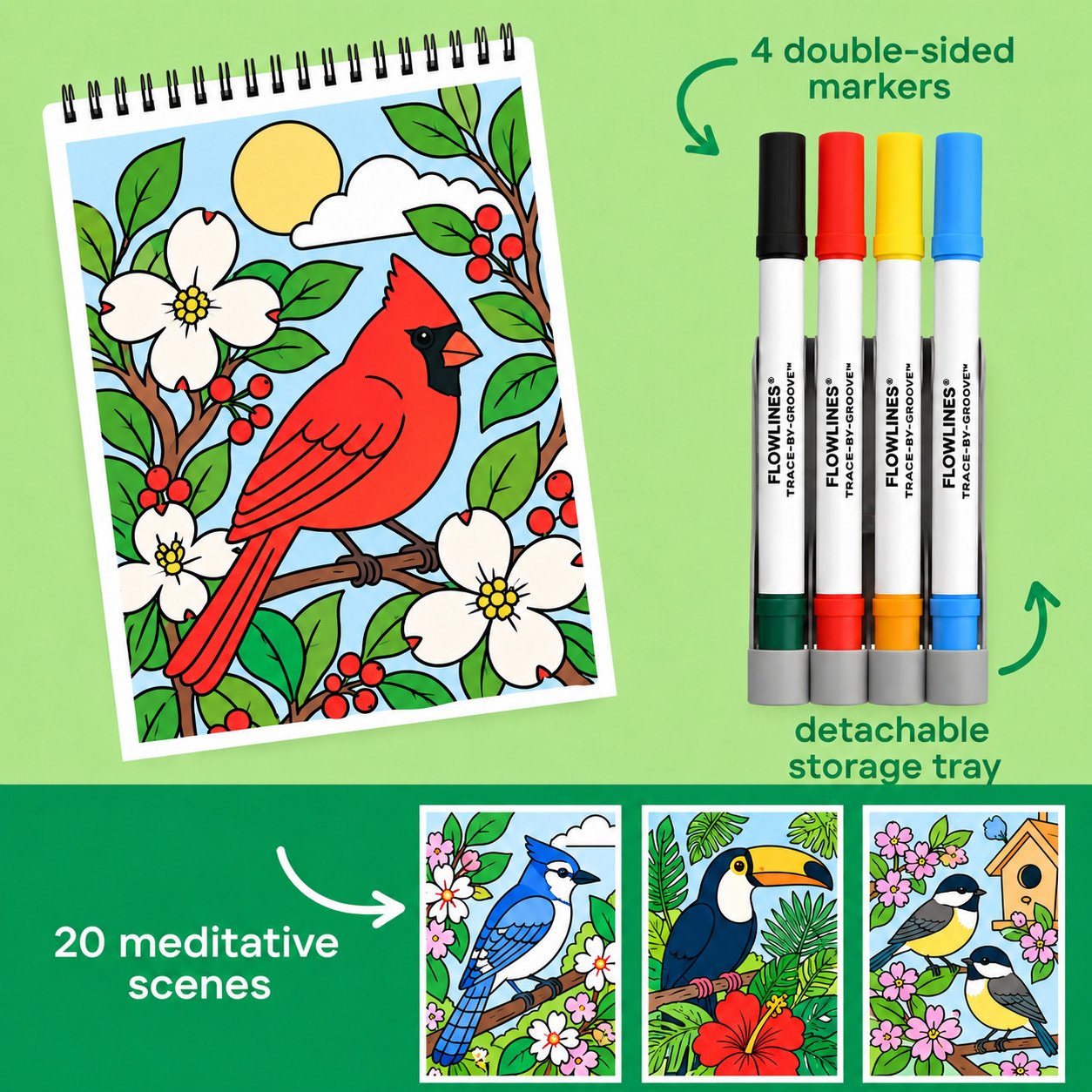 🔥LAST DAY 50% OFF 🌿 Trace-By-Groove Guided Flow Art Coloring Pad with Double-Sided Markers 🎨