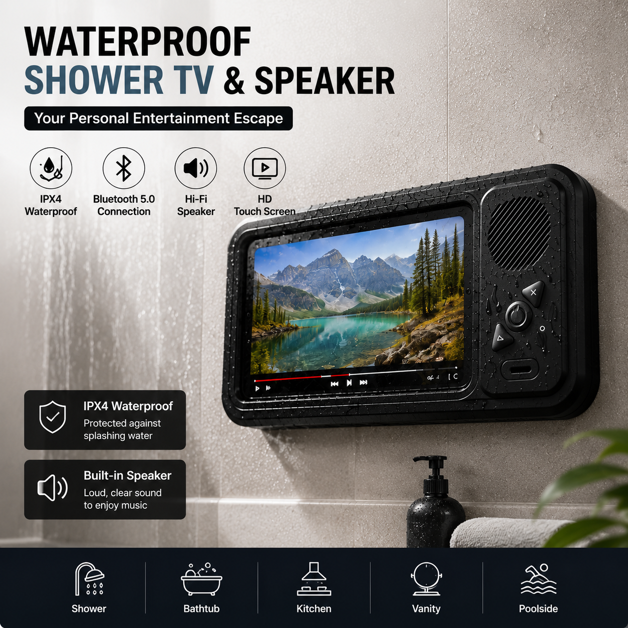 🔥Up To 60% OFF Today🔥Waterproof Shower Bluetooth Speaker with Touch Screen Phone Holder