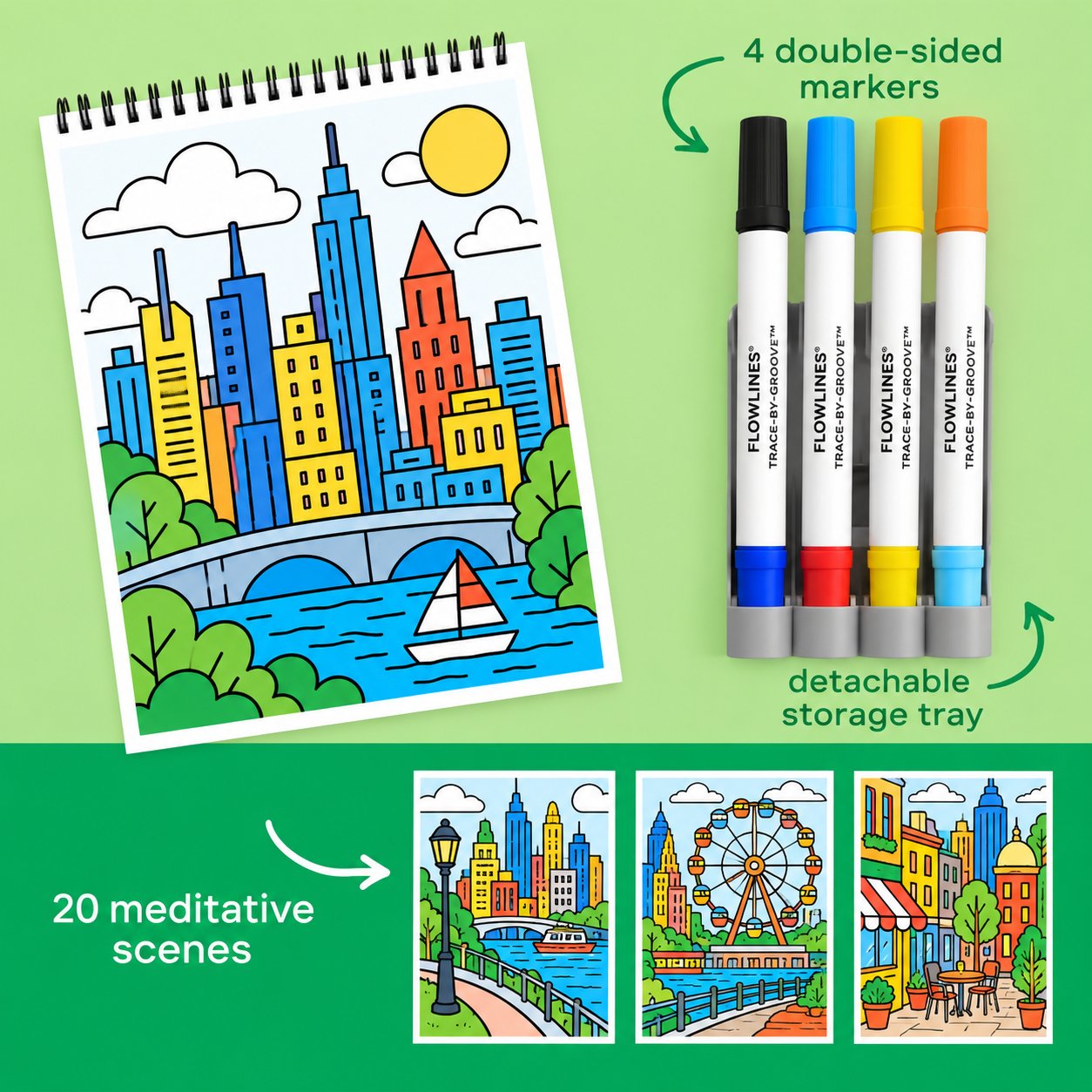 🔥LAST DAY 50% OFF 🌿 Trace-By-Groove Guided Flow Art Coloring Pad with Double-Sided Markers 🎨