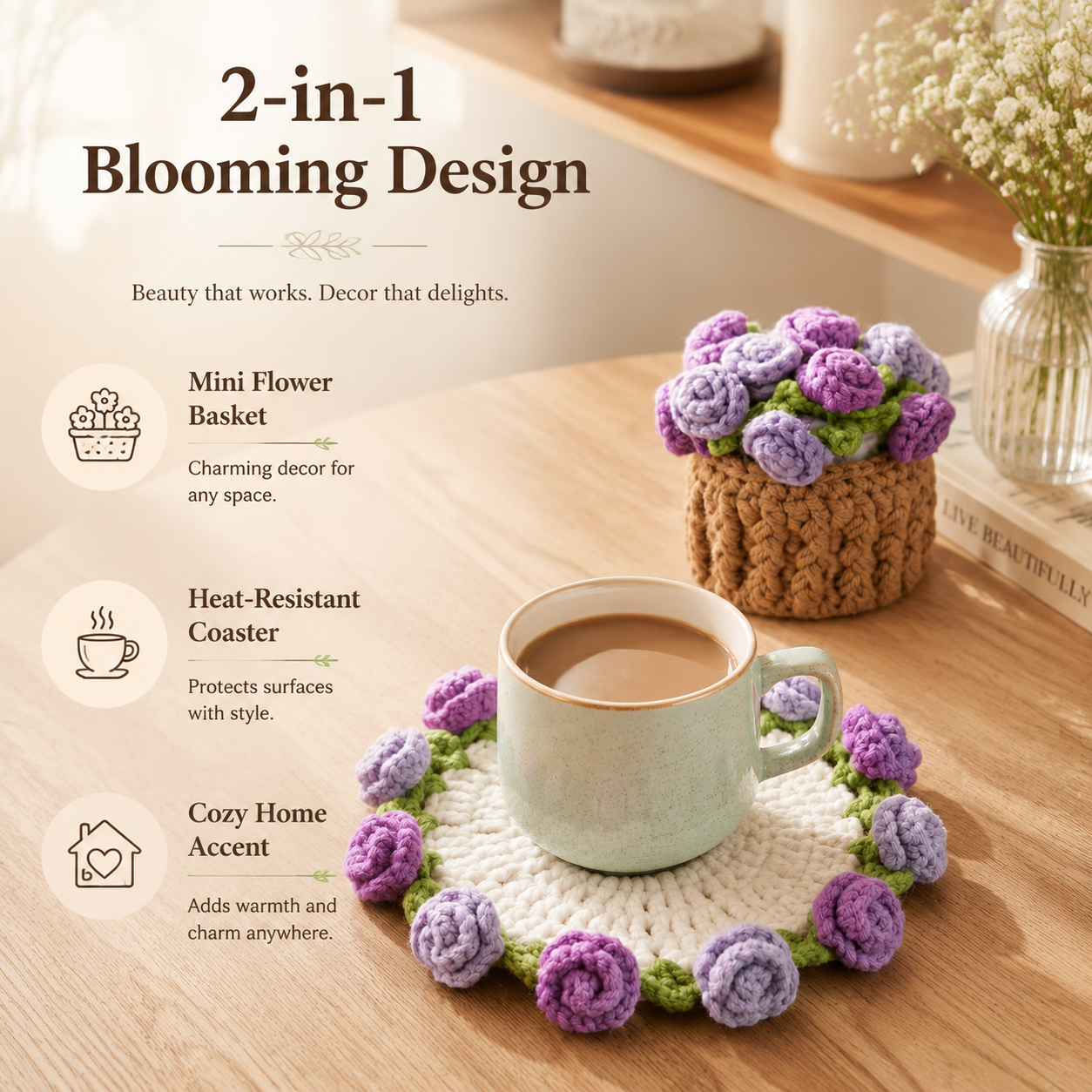 🔥Last Day 60%OFF🌸Handmade Bloom Flower Coaster Basket – 2-in-1 Floral Table Decor & Cozy Home Accent