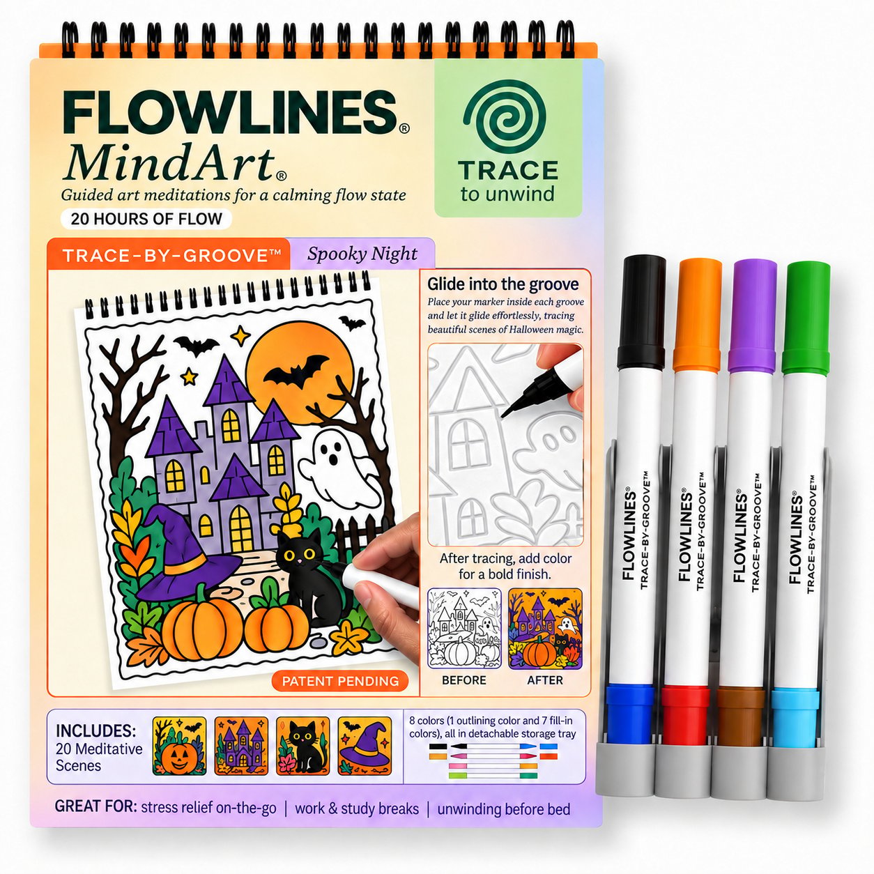 🔥LAST DAY 50% OFF 🌿 Trace-By-Groove Guided Flow Art Coloring Pad with Double-Sided Markers 🎨