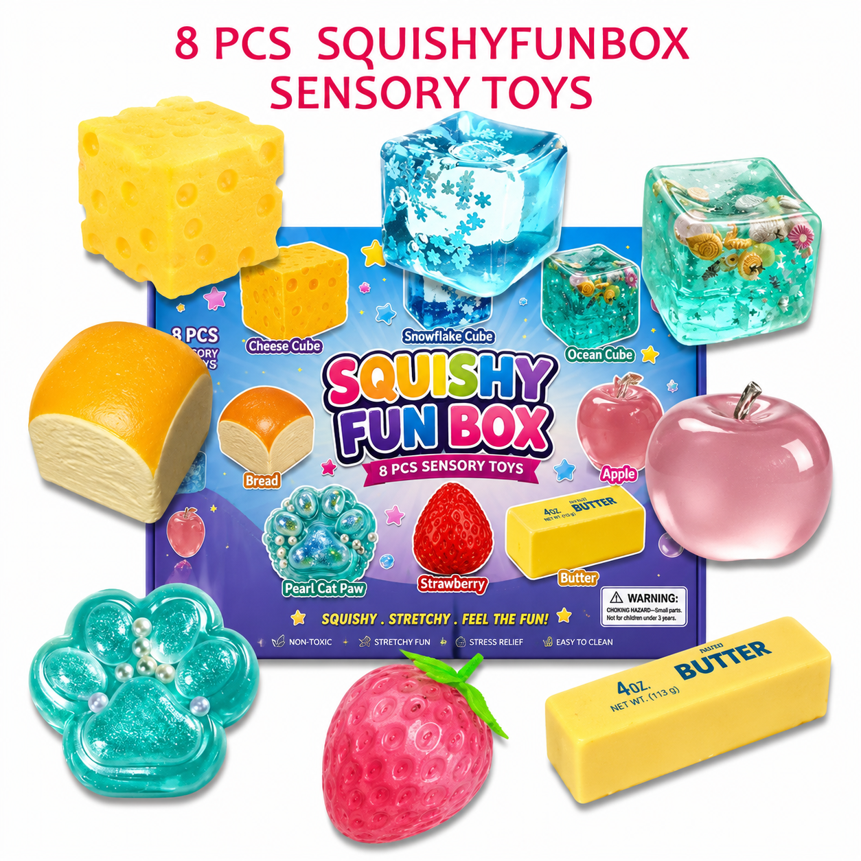 Mystery Squishy Gift Box 8Pcs Sensory Stress Relief Fidget Toys for Kids & Adults
